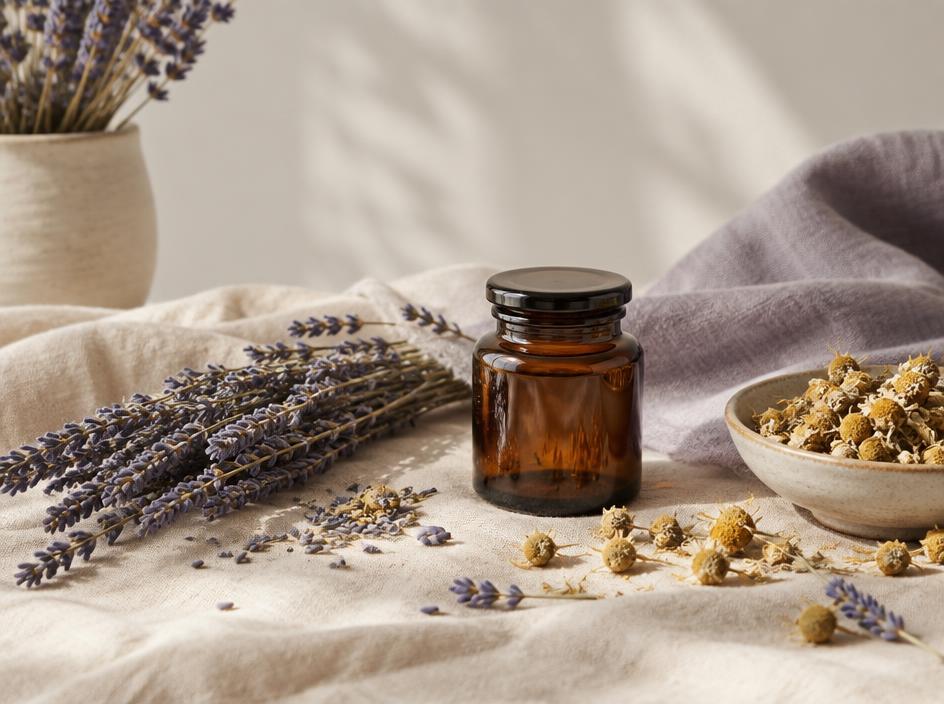 Lavender, chamomile, and an amber wellness jar