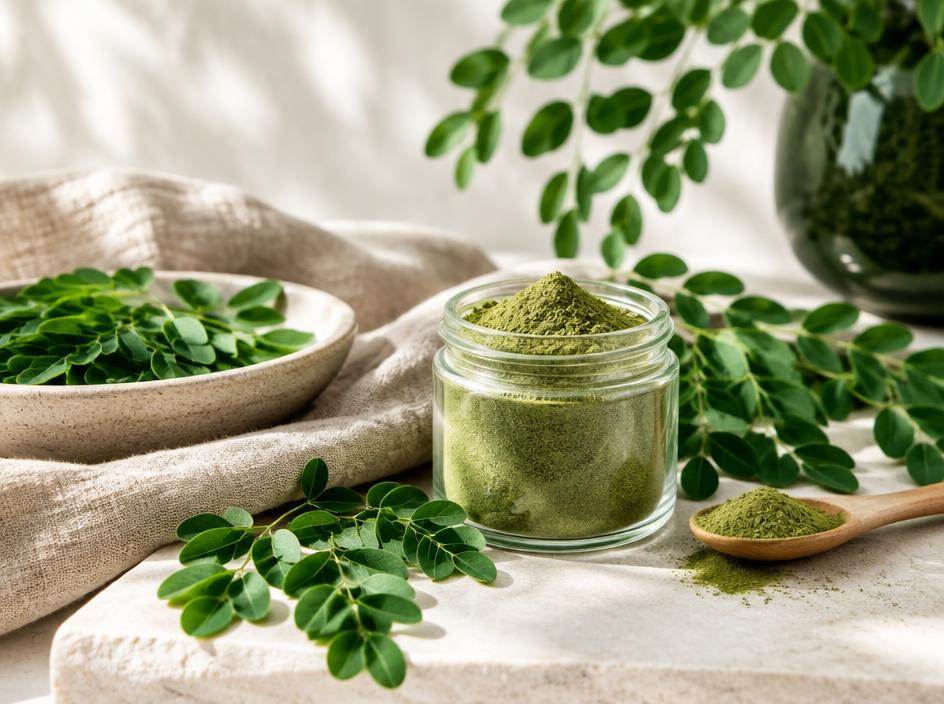 Fresh moringa leaves and botanical powder