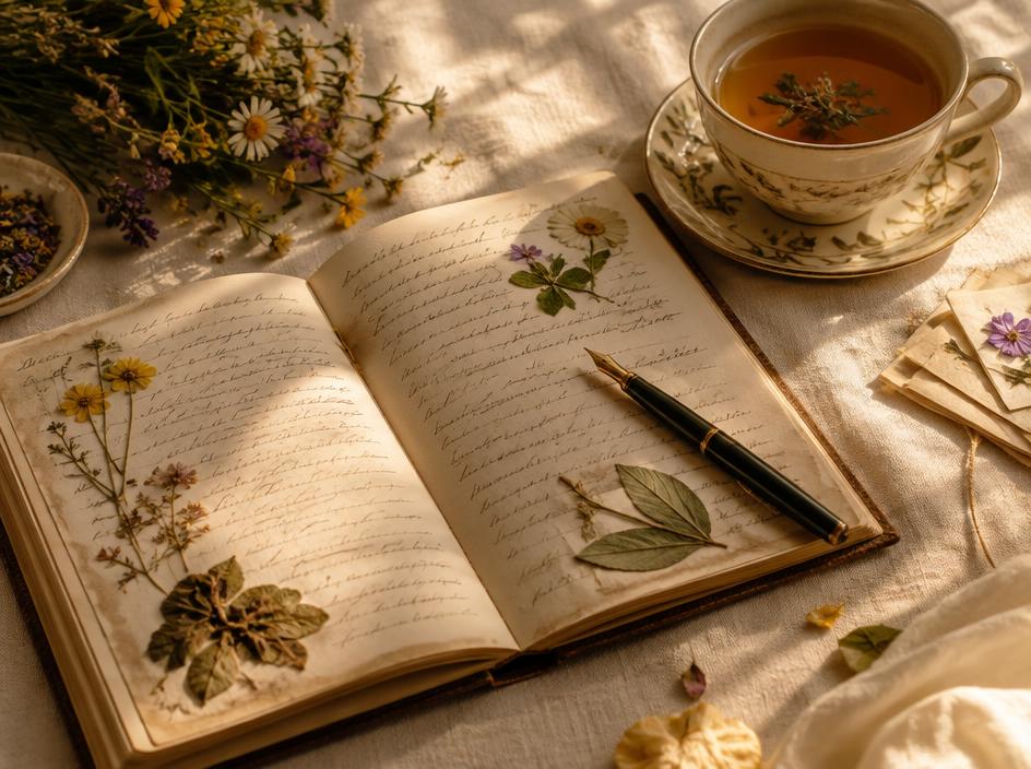 Open journal with pressed flowers and tea