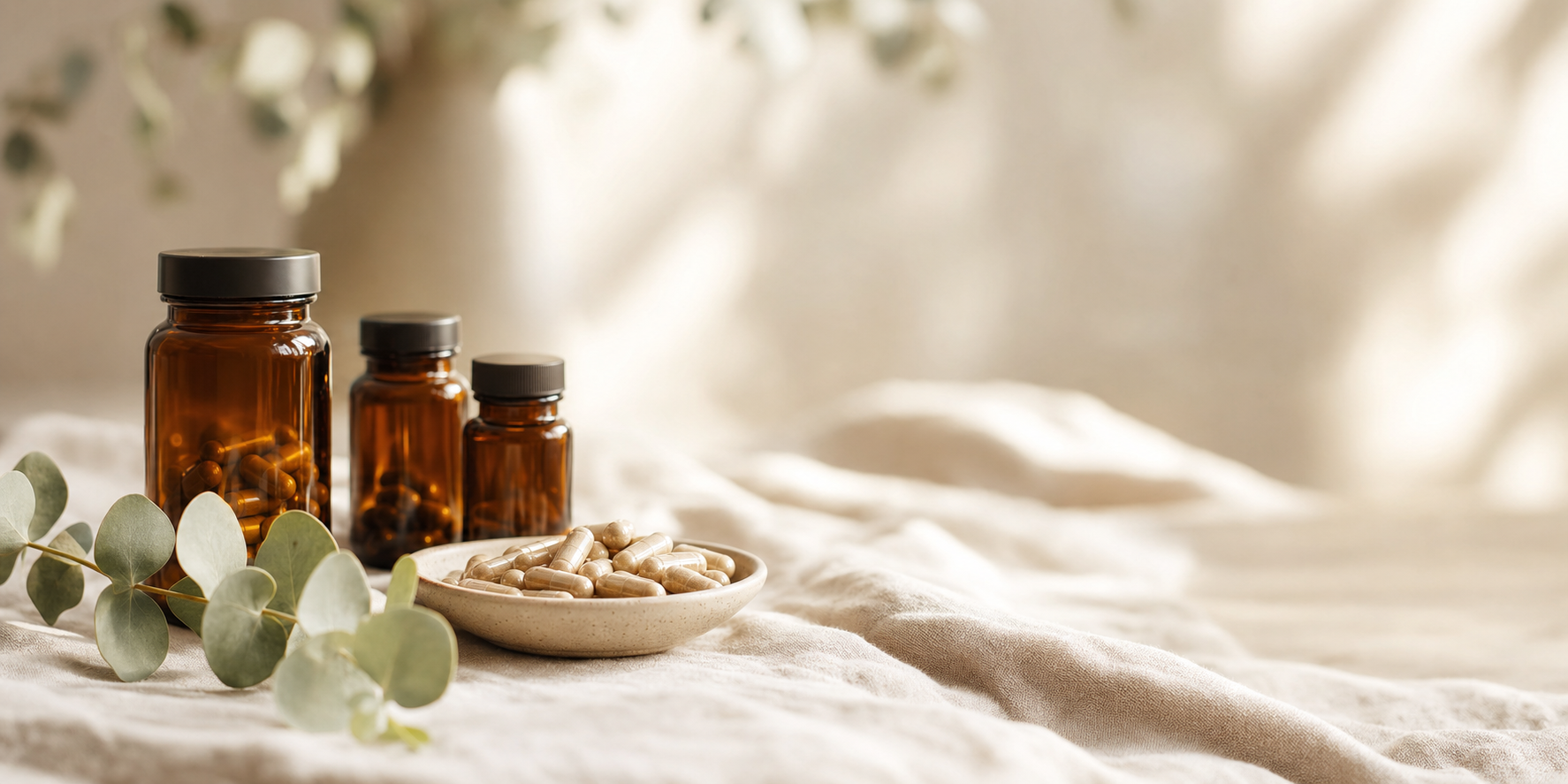 Amber glass supplement bottles on warm linen