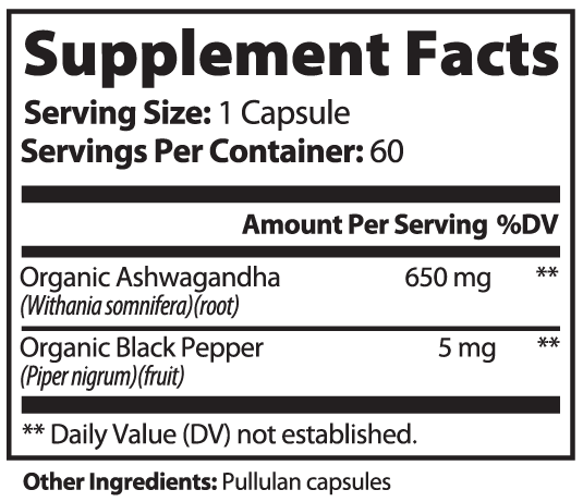 Ashwagandha capsules — ashwagandha capsules for stress relief and cortisol balance, back label with supplement facts and ingredients