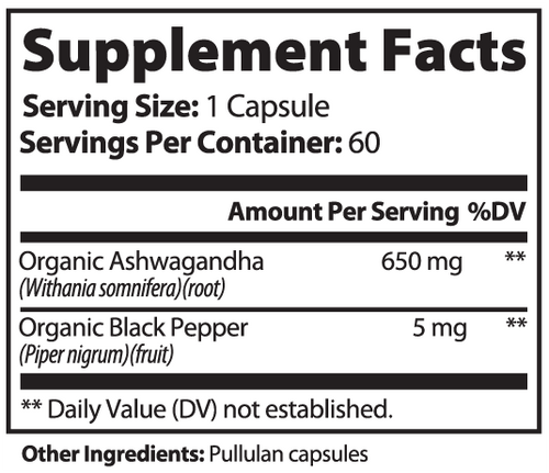 Ashwagandha capsules — ashwagandha capsules for stress relief and cortisol balance, back label with supplement facts and ingredients
