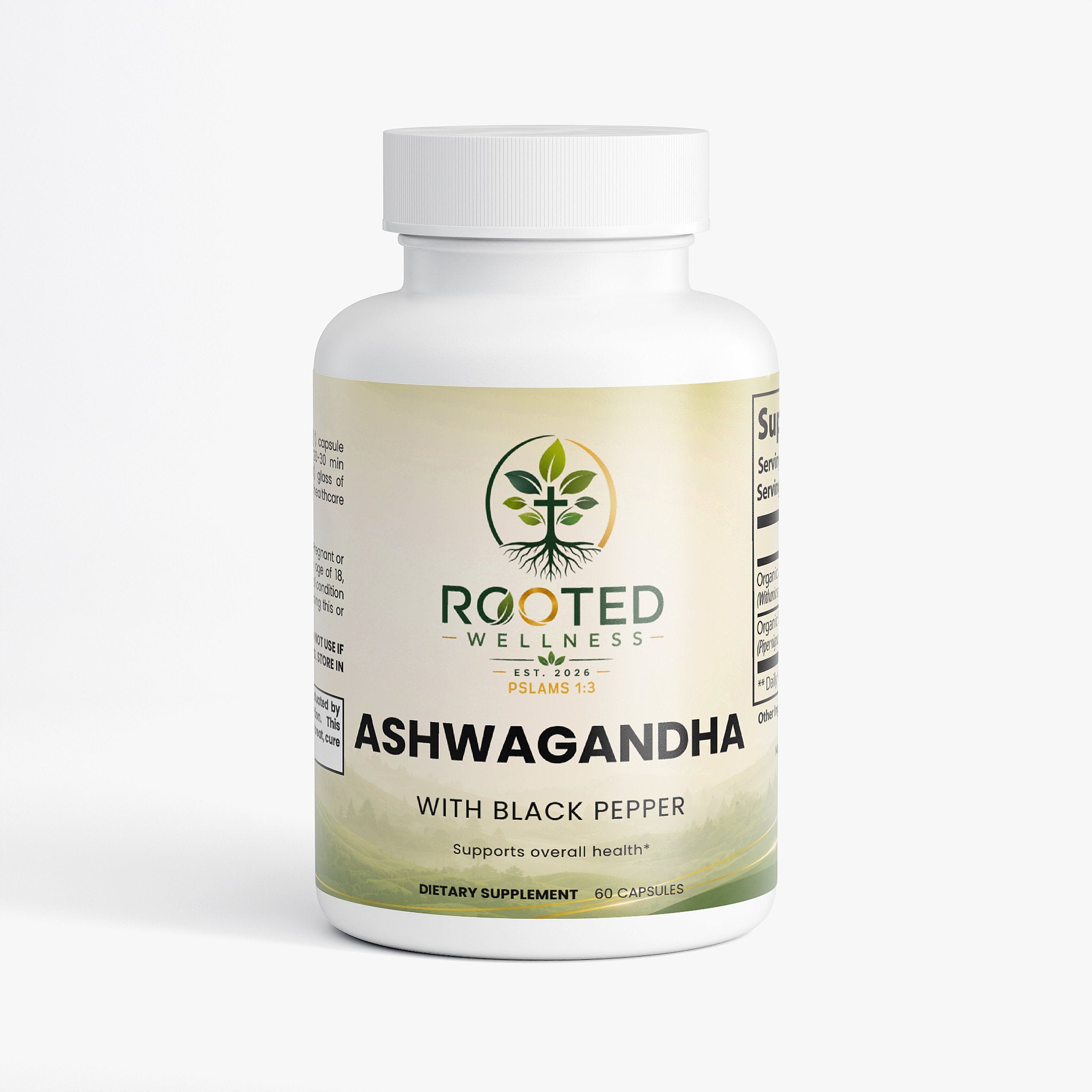 Ashwagandha capsules — ashwagandha capsules for stress relief and cortisol balance, front of bottle label