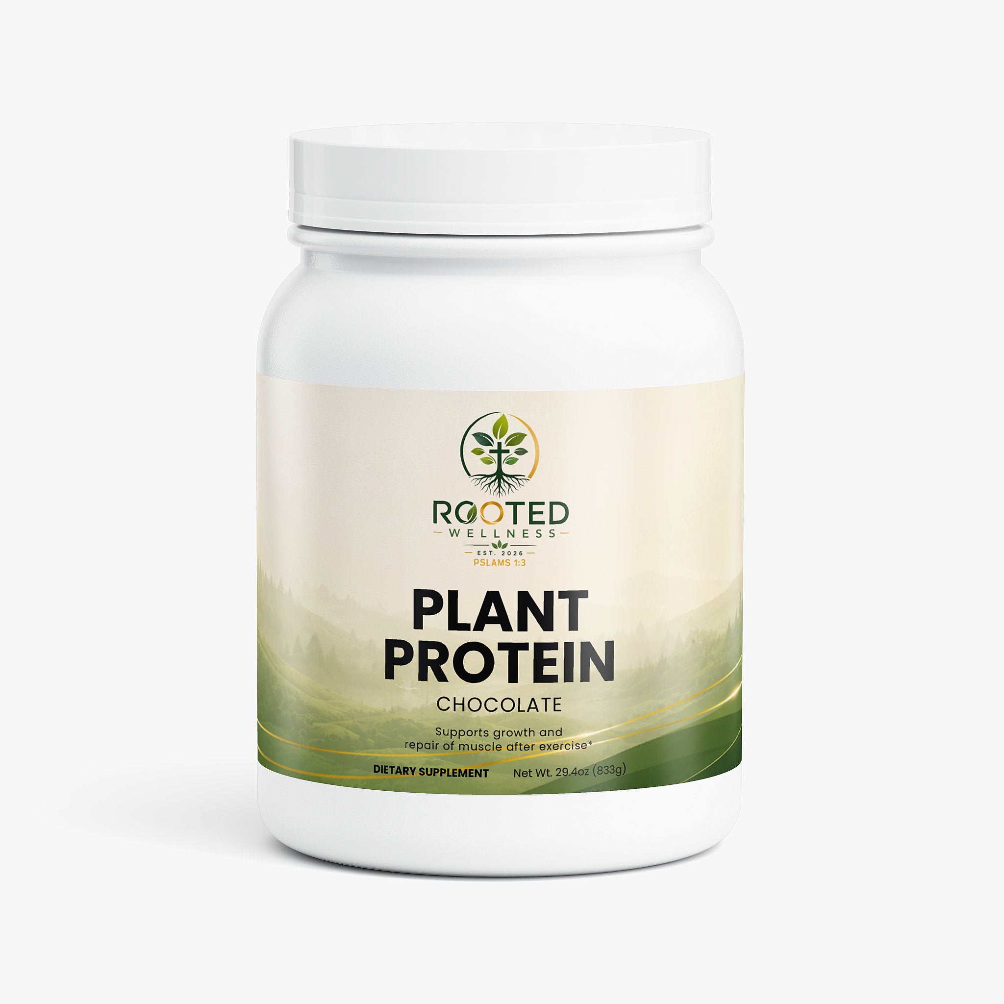 Plant Protein Chocolate plant-based protein powder — vegan chocolate plant protein powder, front of bottle label
