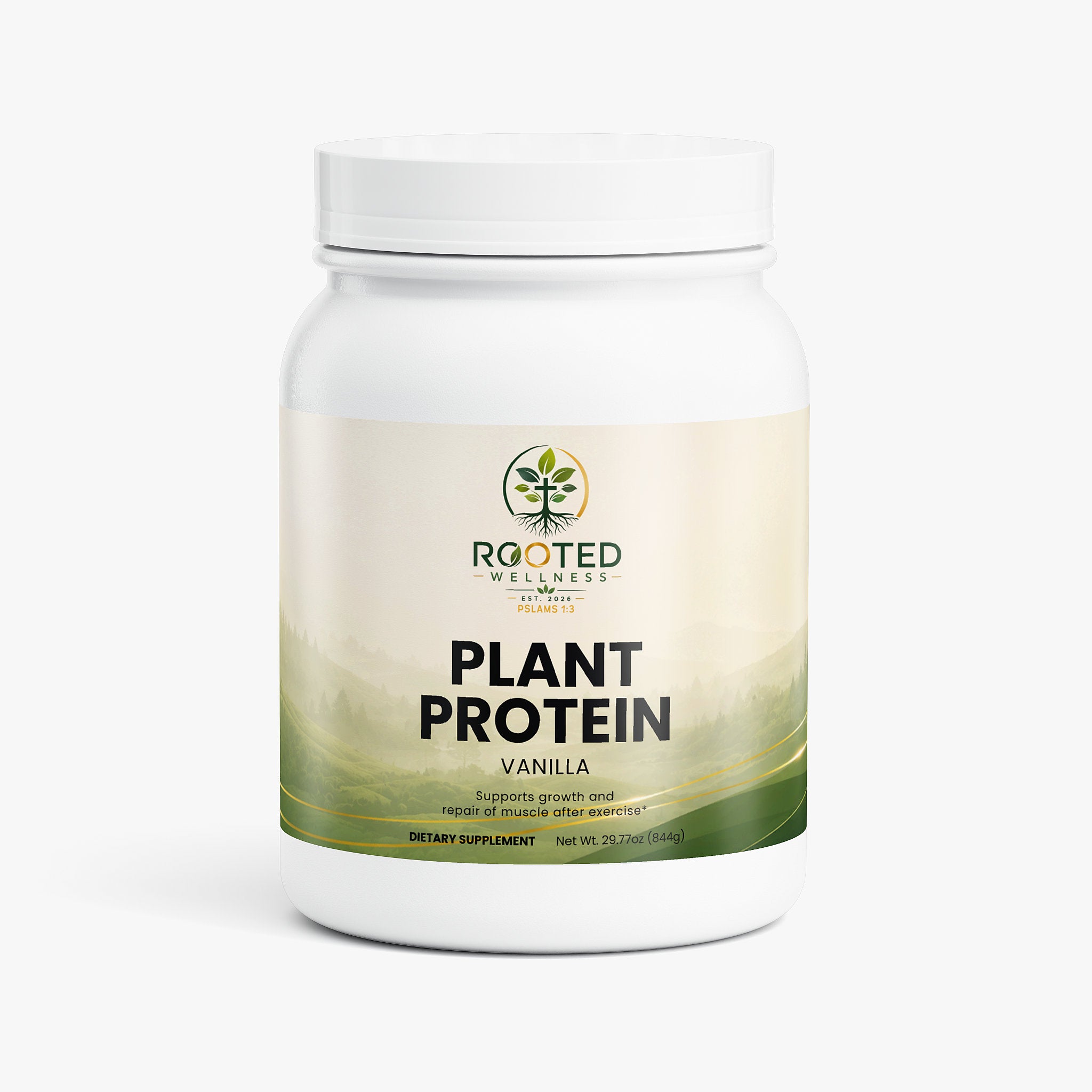 Plant Protein Vanilla plant-based protein powder — vegan vanilla plant protein powder for muscle recovery, front of bottle label