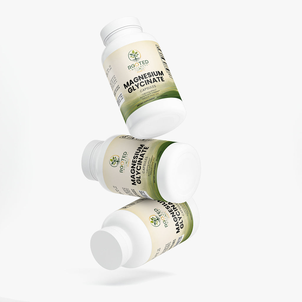 Magnesium Glycinate capsules — magnesium glycinate capsules for sleep stress and muscle relaxation, bottle angle view