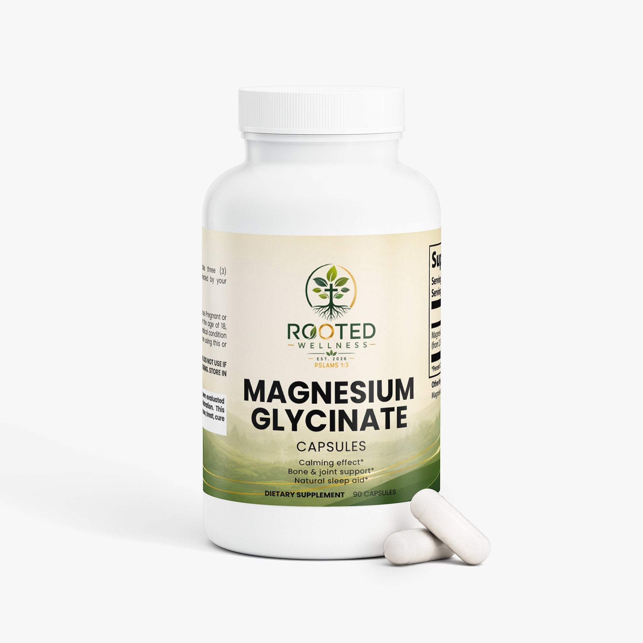 Magnesium Glycinate capsules — magnesium glycinate capsules for sleep stress and muscle relaxation, back label with supplement facts and ingredients