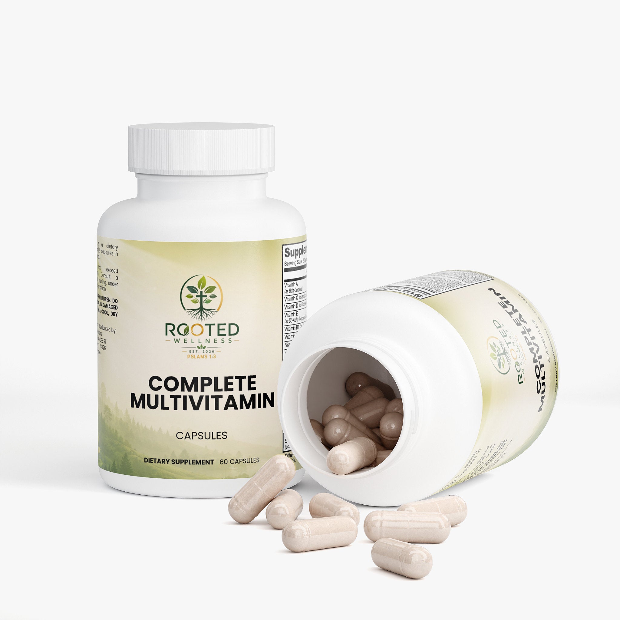 Complete Multivitamin capsules — daily complete multivitamin capsules for men and women, bottle angle view