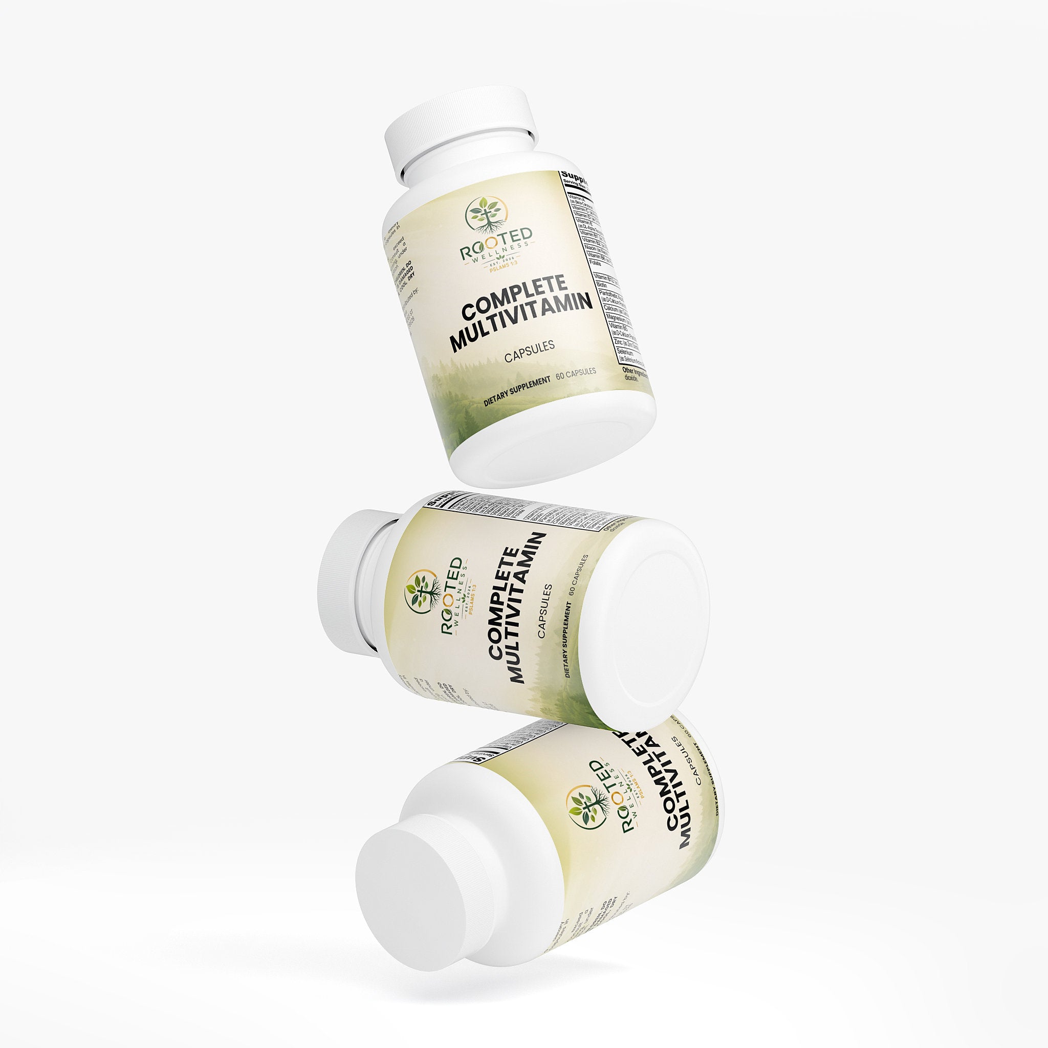 Complete Multivitamin capsules — daily complete multivitamin capsules for men and women, bottle angle view