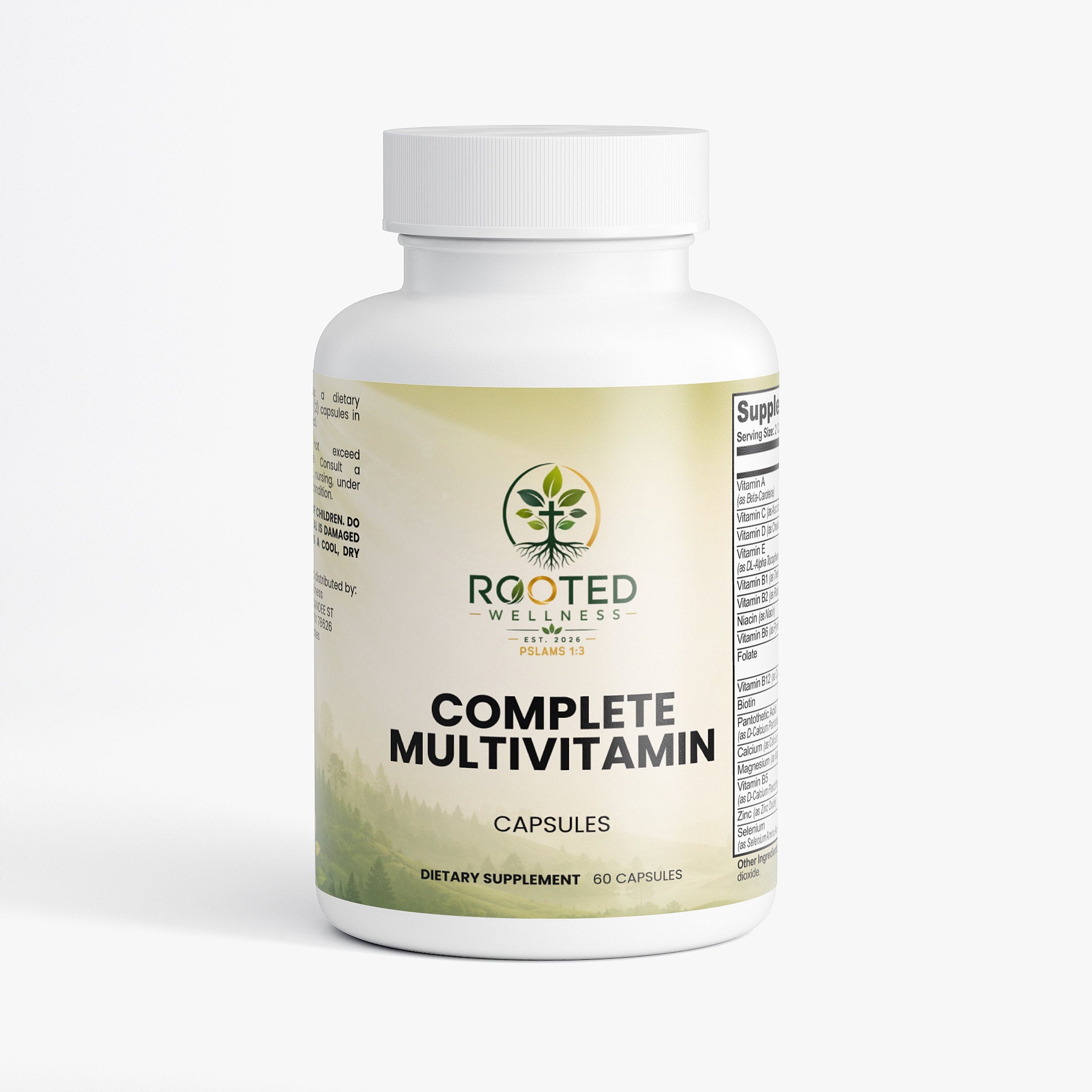 Complete Multivitamin capsules — daily complete multivitamin capsules for men and women, front of bottle label
