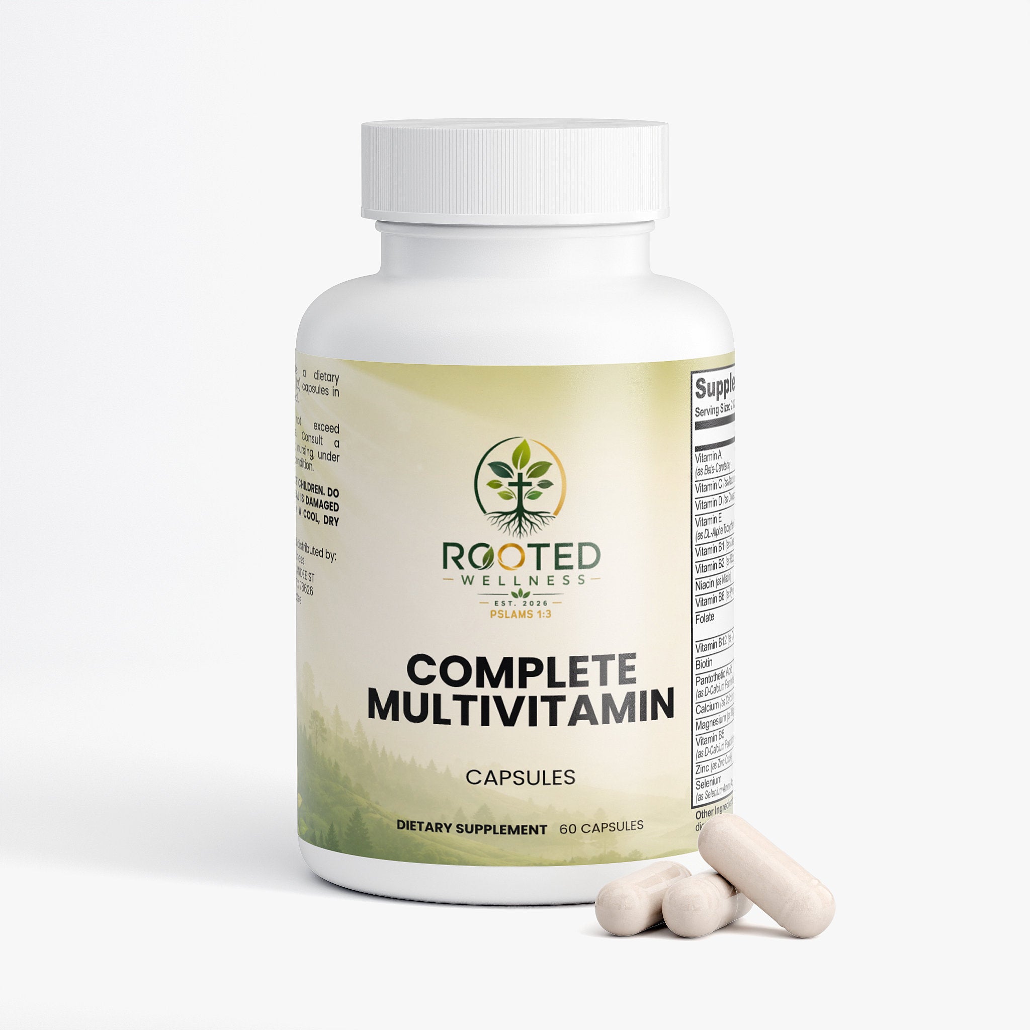 Complete Multivitamin capsules — daily complete multivitamin capsules for men and women, back label with supplement facts and ingredients