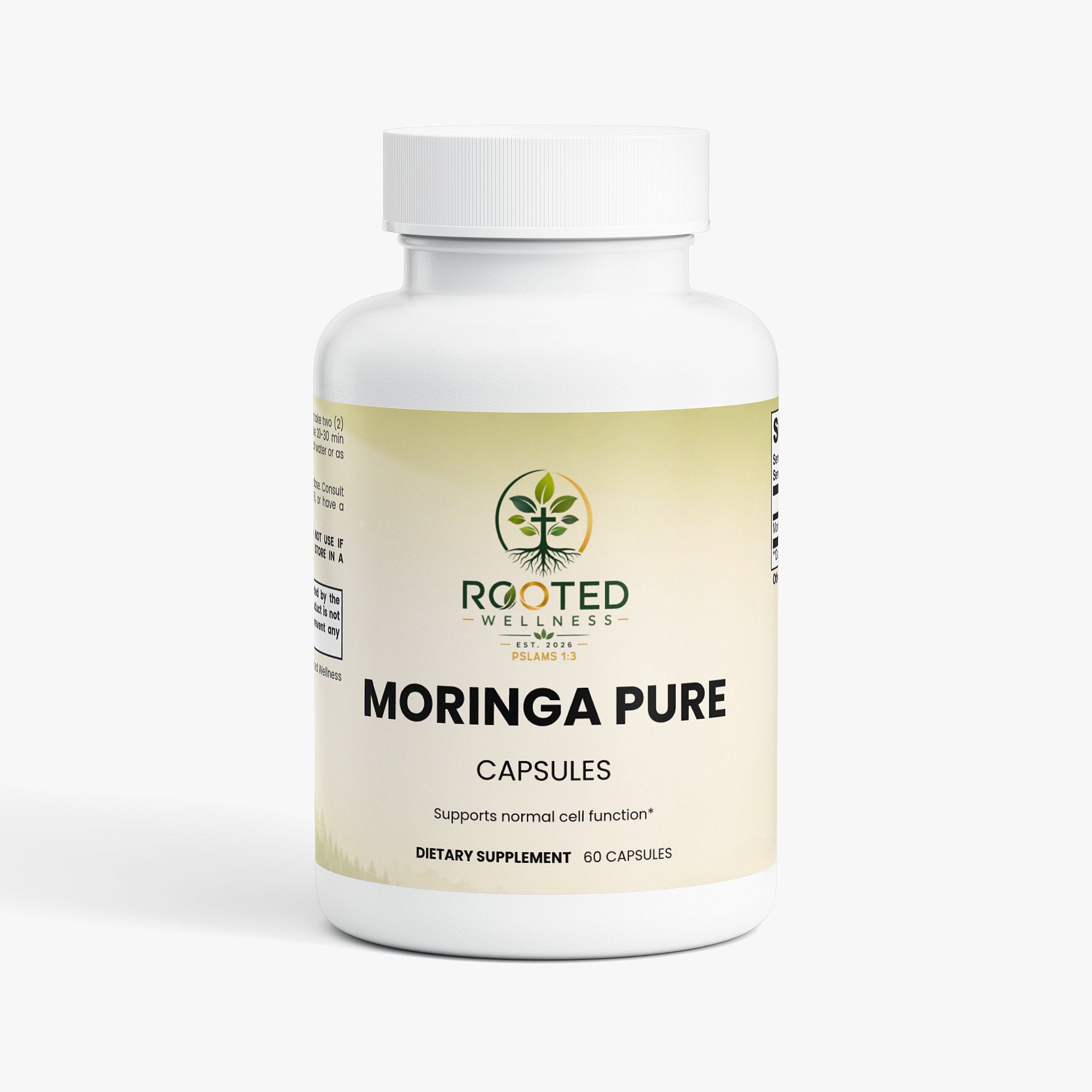Moringa Pure capsules — moringa oleifera leaf powder capsules natural superfood, front of bottle label
