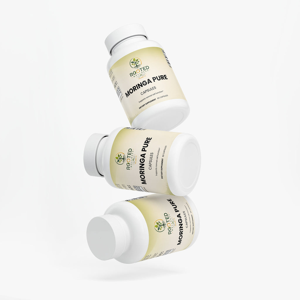 Moringa Pure capsules — moringa oleifera leaf powder capsules natural superfood, bottle angle view