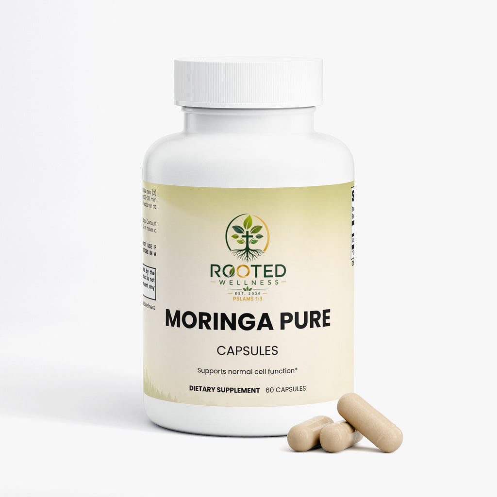 Moringa Pure capsules — moringa oleifera leaf powder capsules natural superfood, back label with supplement facts and ingredients