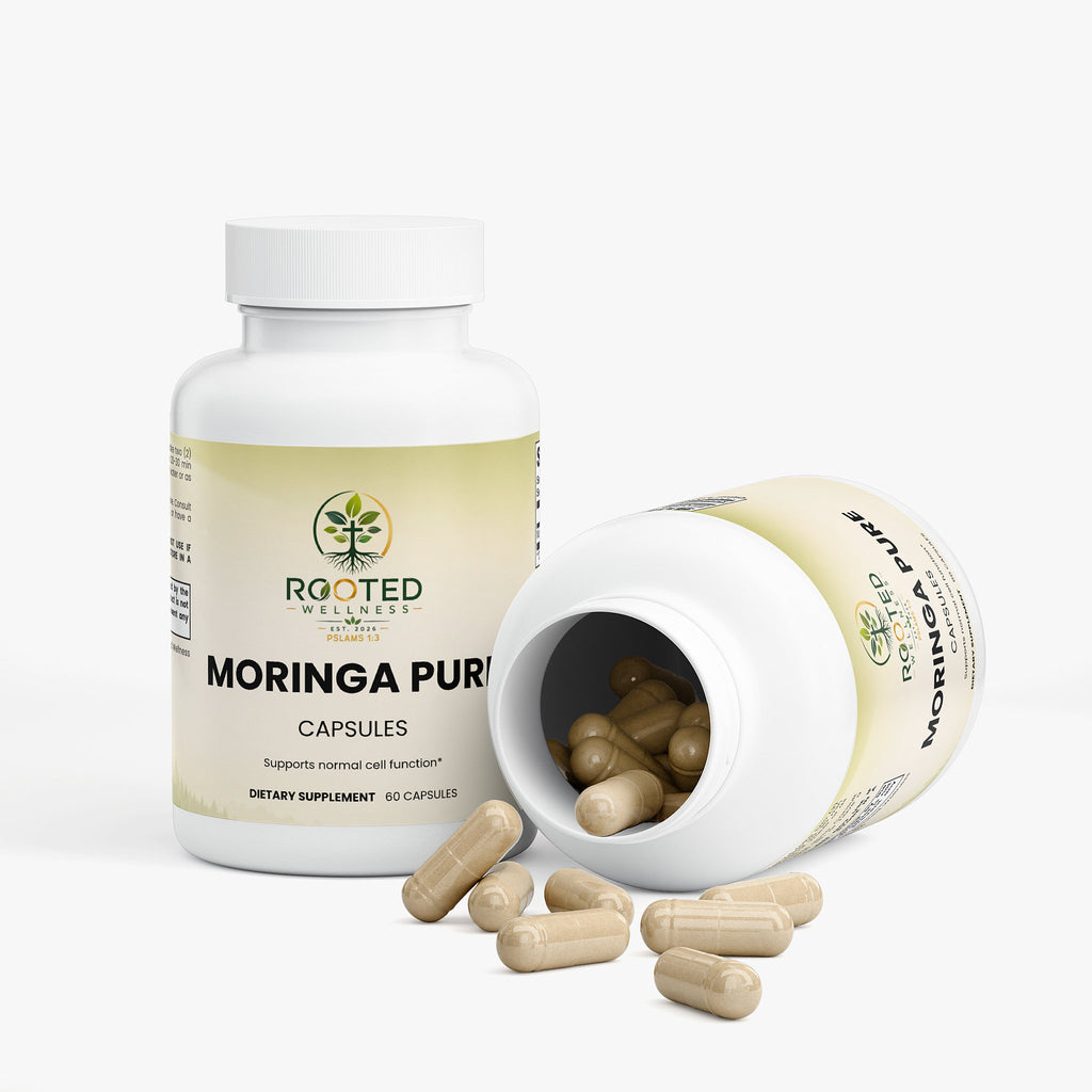 Moringa Pure capsules — moringa oleifera leaf powder capsules natural superfood, bottle angle view
