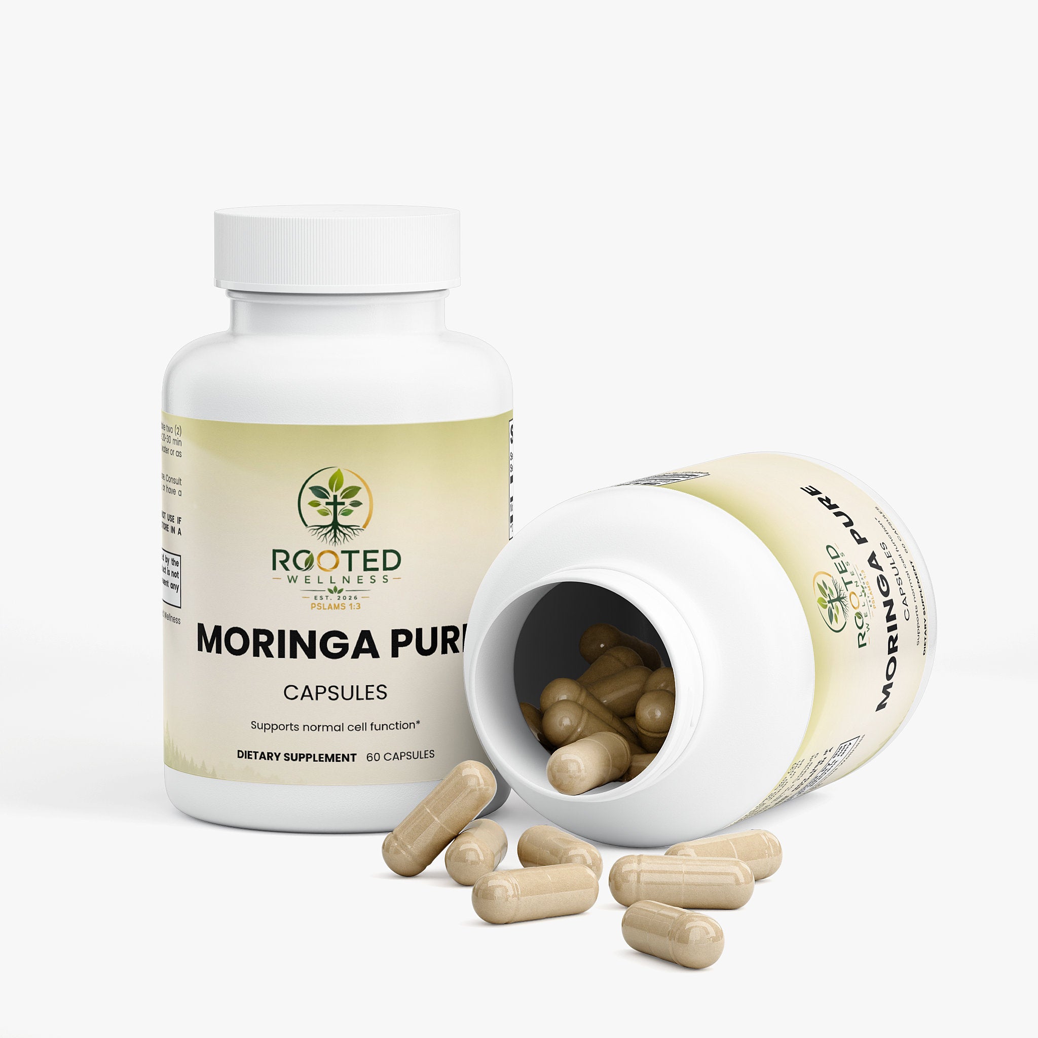 Moringa Pure capsules — moringa oleifera leaf powder capsules natural superfood, bottle angle view