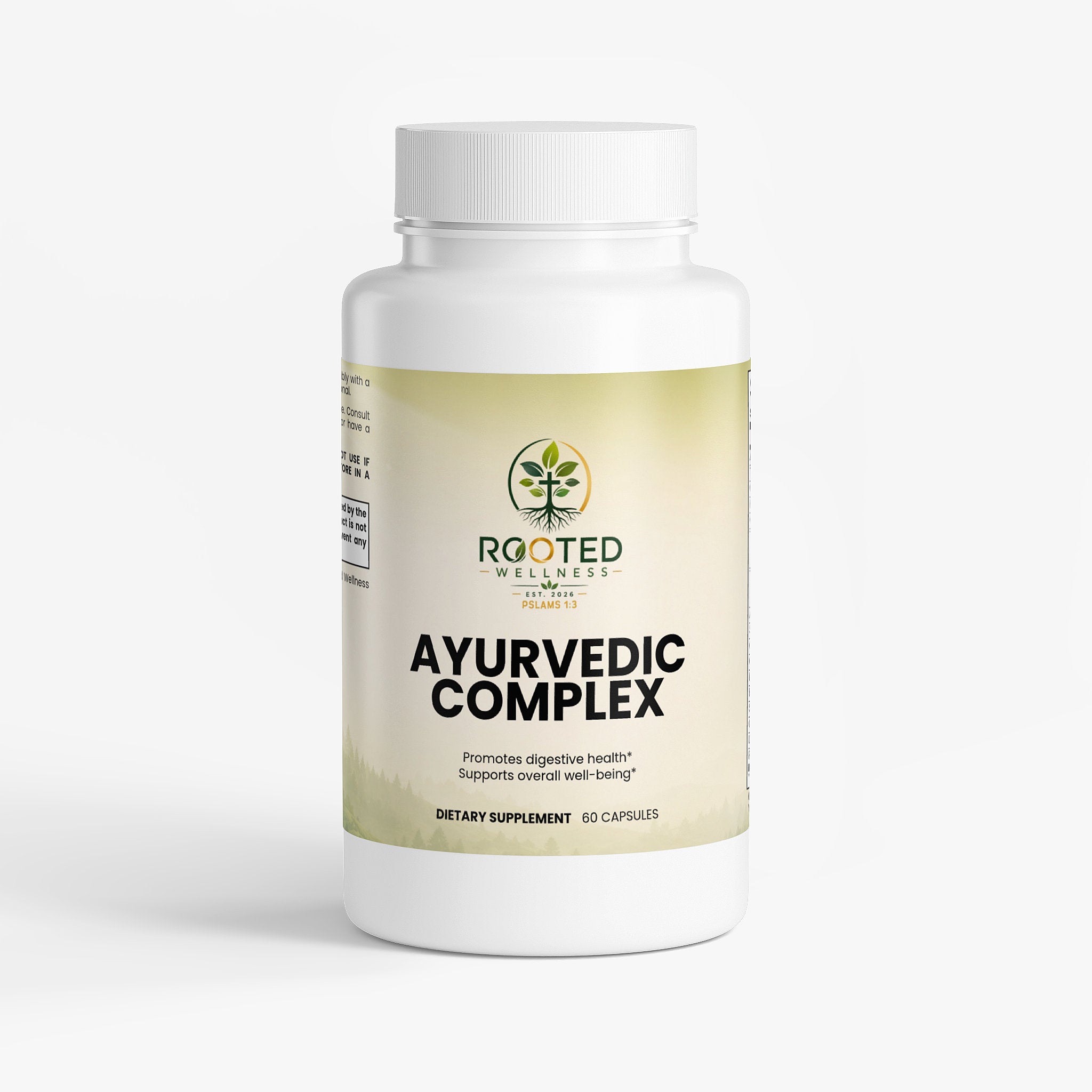 Ayurvedic Complex capsules — ayurvedic herbal supplement complex with ashwagandha and turmeric, front of bottle label
