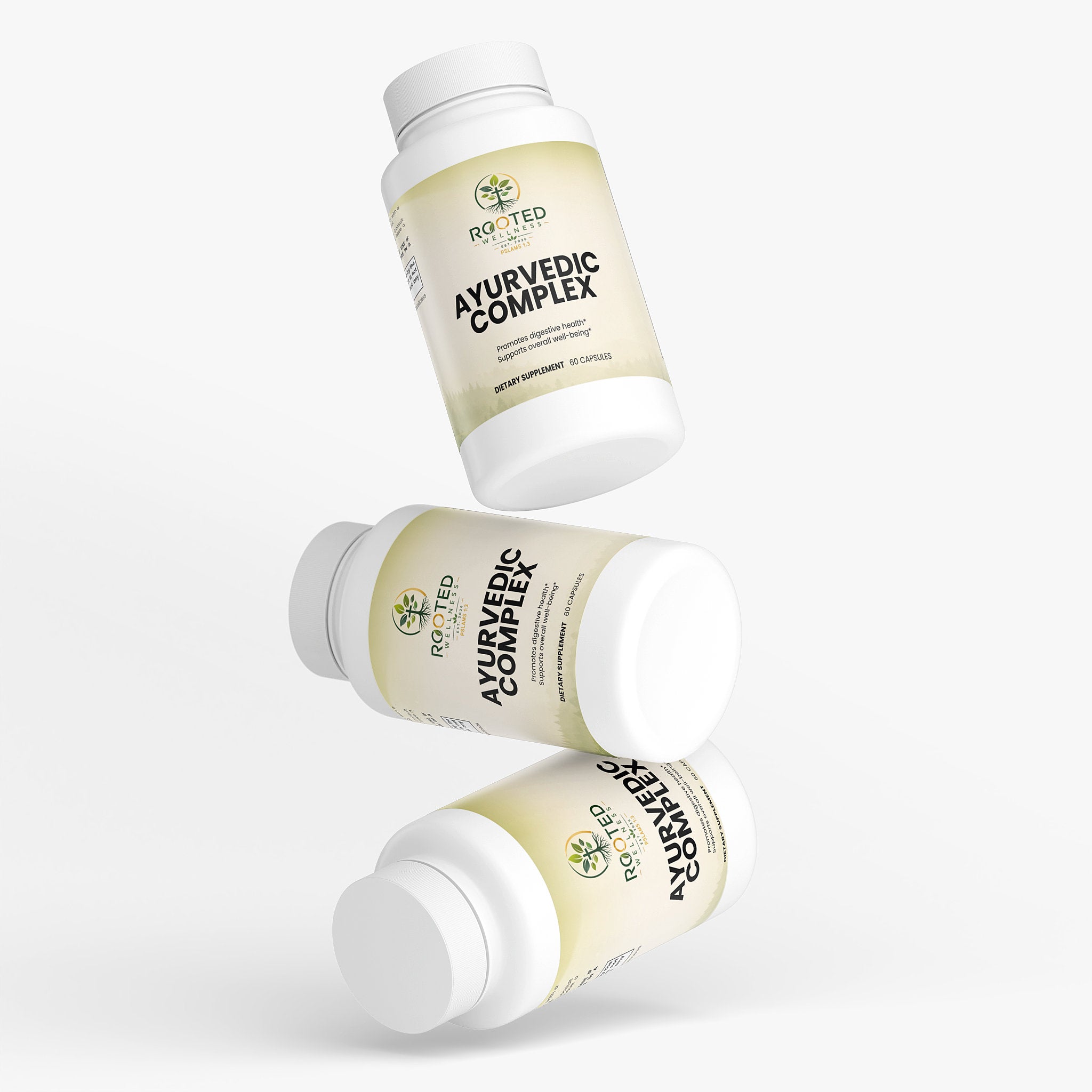 Ayurvedic Complex capsules — ayurvedic herbal supplement complex with ashwagandha and turmeric, bottle angle view