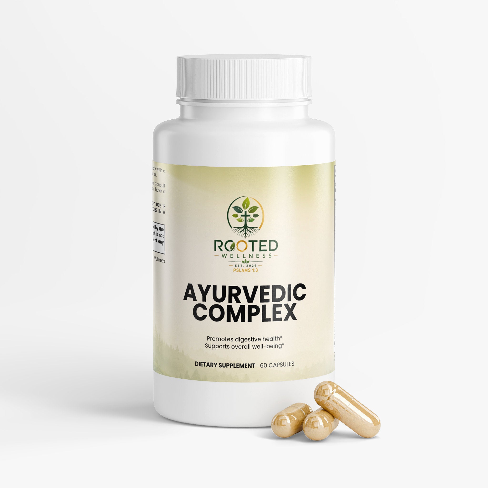 Ayurvedic Complex capsules — ayurvedic herbal supplement complex with ashwagandha and turmeric, back label with supplement facts and ingredients