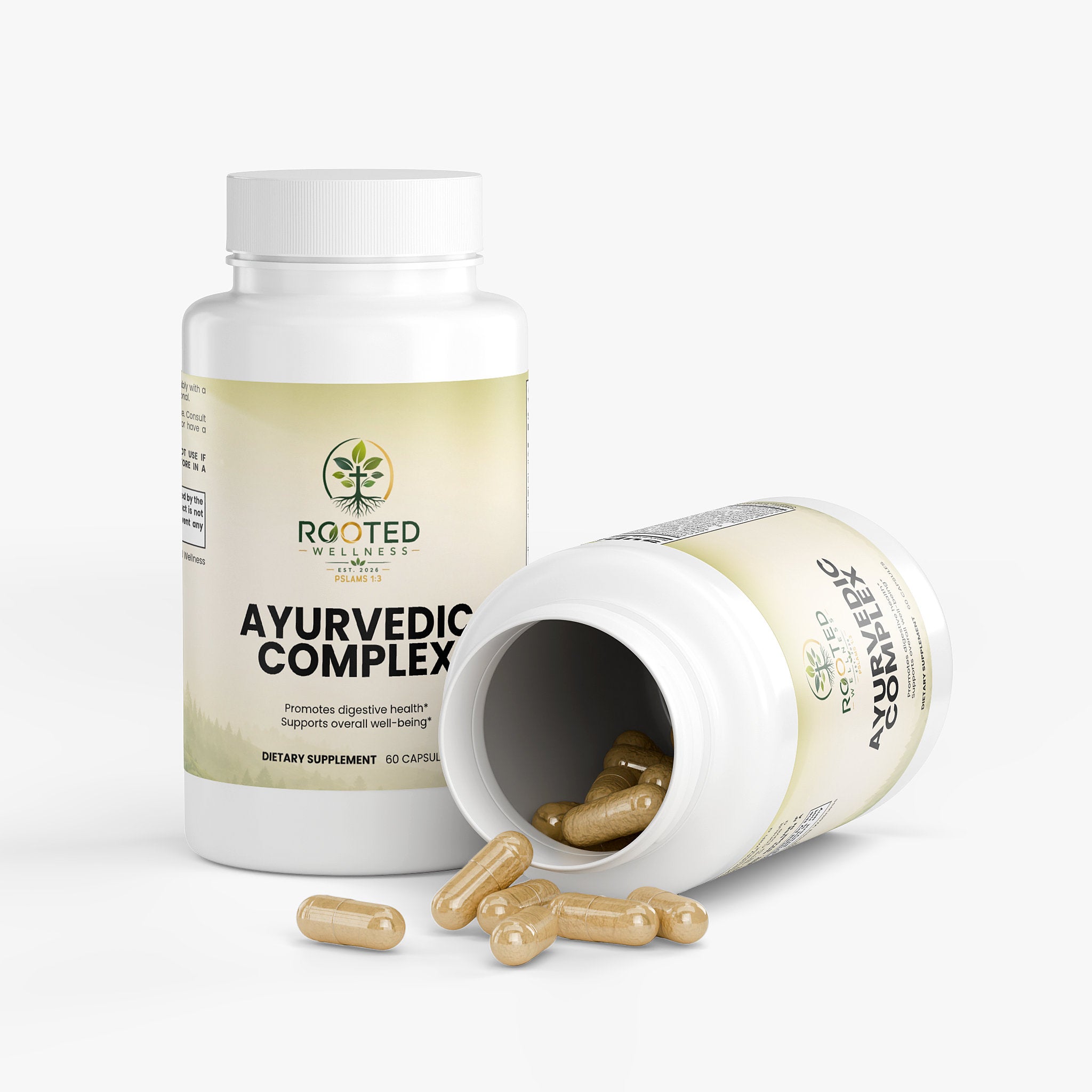 Ayurvedic Complex capsules — ayurvedic herbal supplement complex with ashwagandha and turmeric, bottle angle view