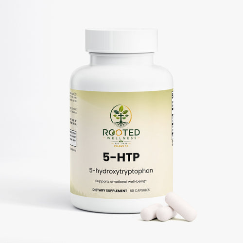 5-HTP capsules — 5-HTP supplement capsules for mood sleep and stress support, back label with supplement facts and ingredients