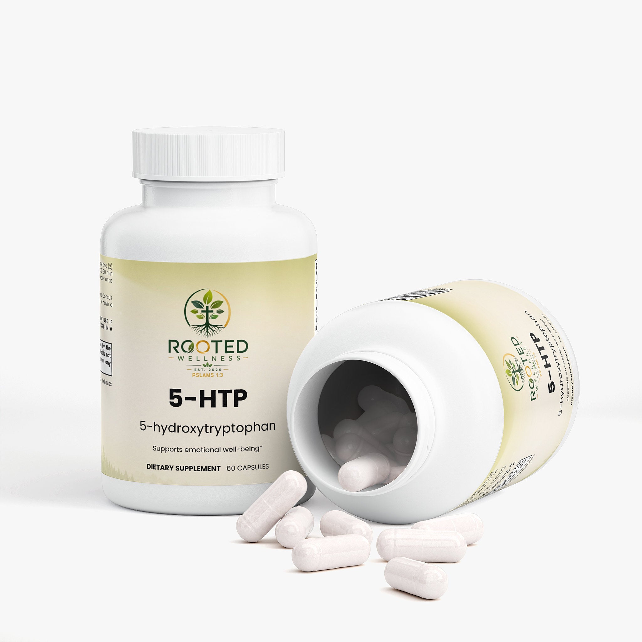 5-HTP capsules — 5-HTP supplement capsules for mood sleep and stress support, bottle angle view
