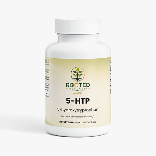 5-HTP capsules — 5-HTP supplement capsules for mood sleep and stress support, front of bottle label