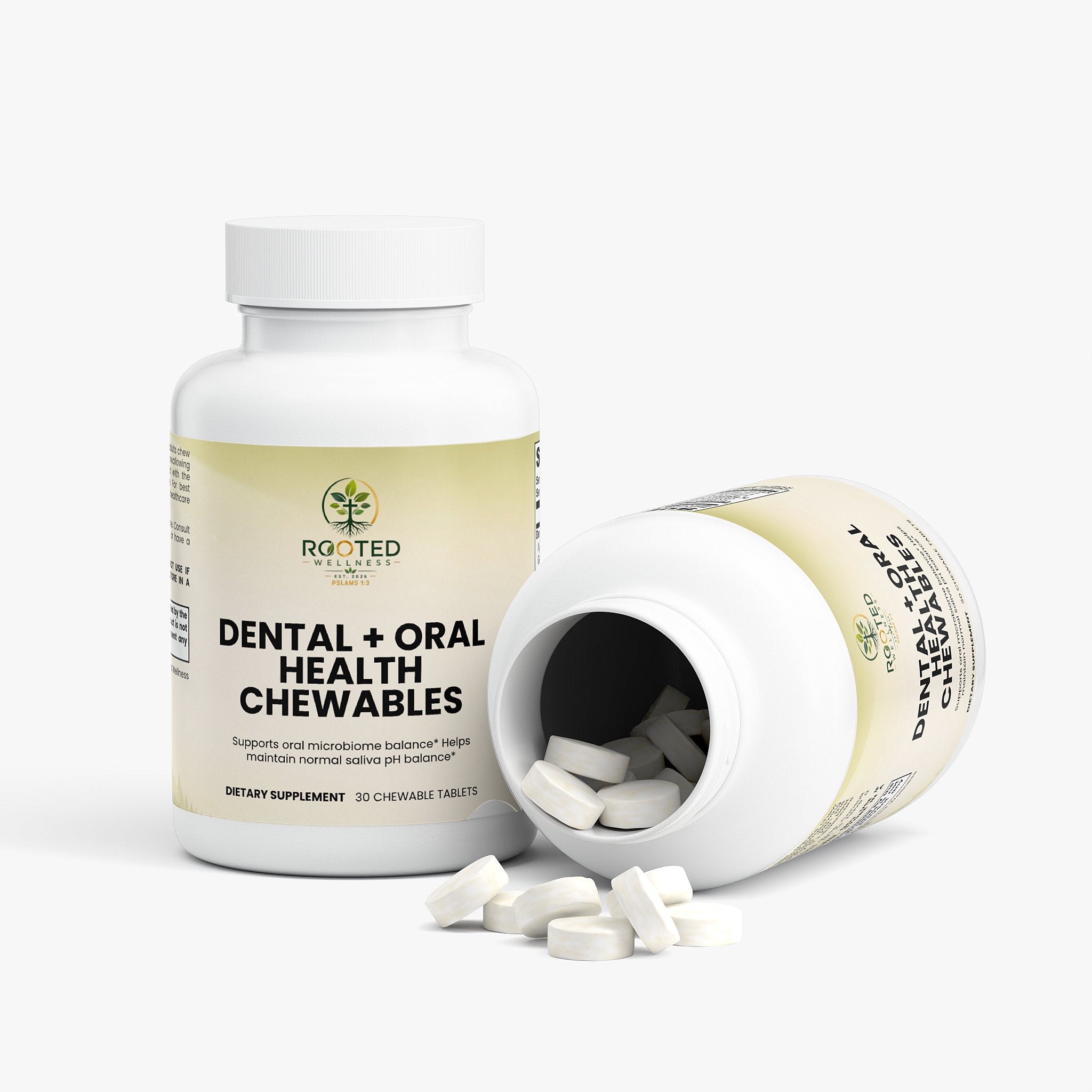 Dental and Oral Health Chewables chewable tablets — dental and oral health probiotic chewables for teeth and gums, bottle angle view