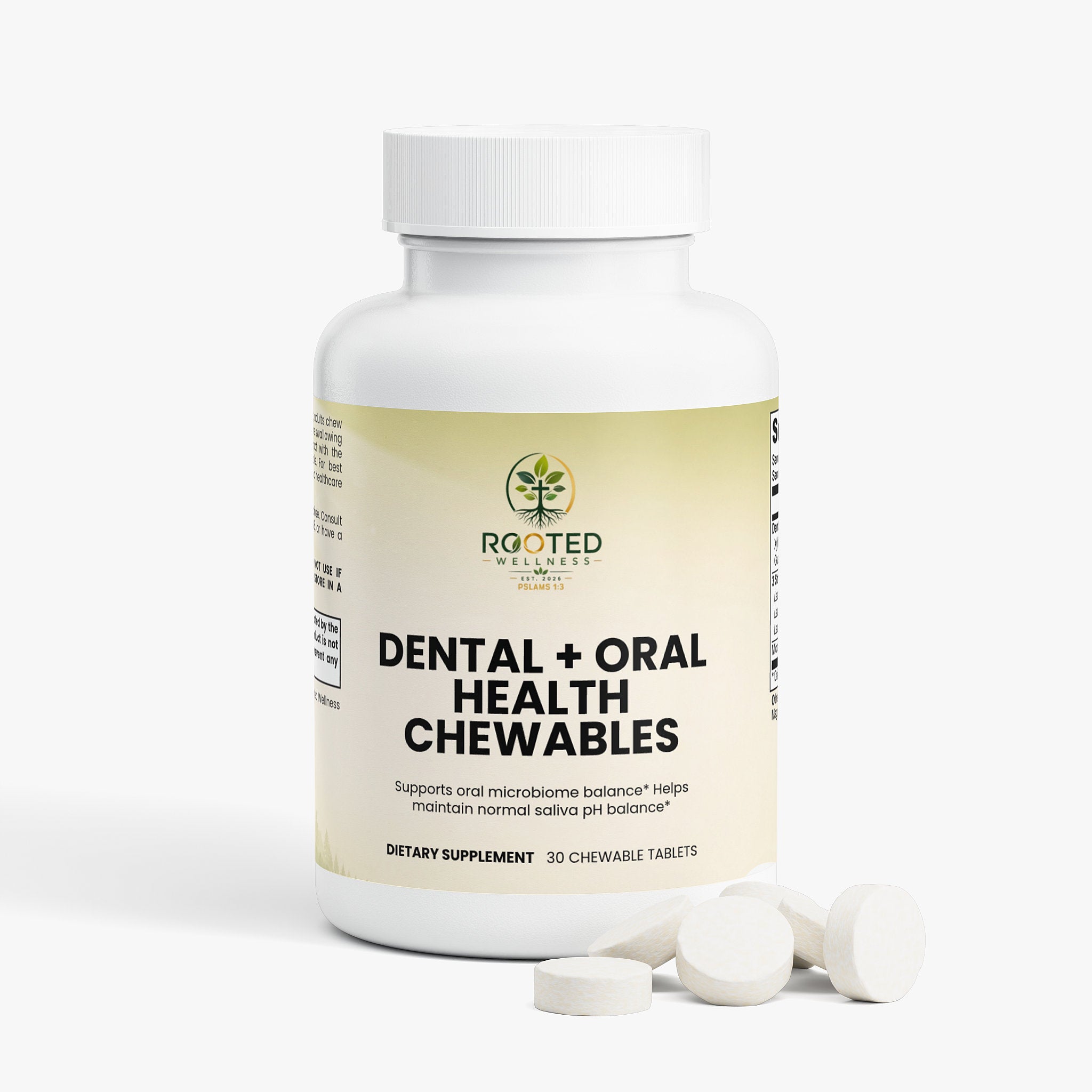 Dental and Oral Health Chewables chewable tablets — dental and oral health probiotic chewables for teeth and gums, back label with supplement facts and ingredients