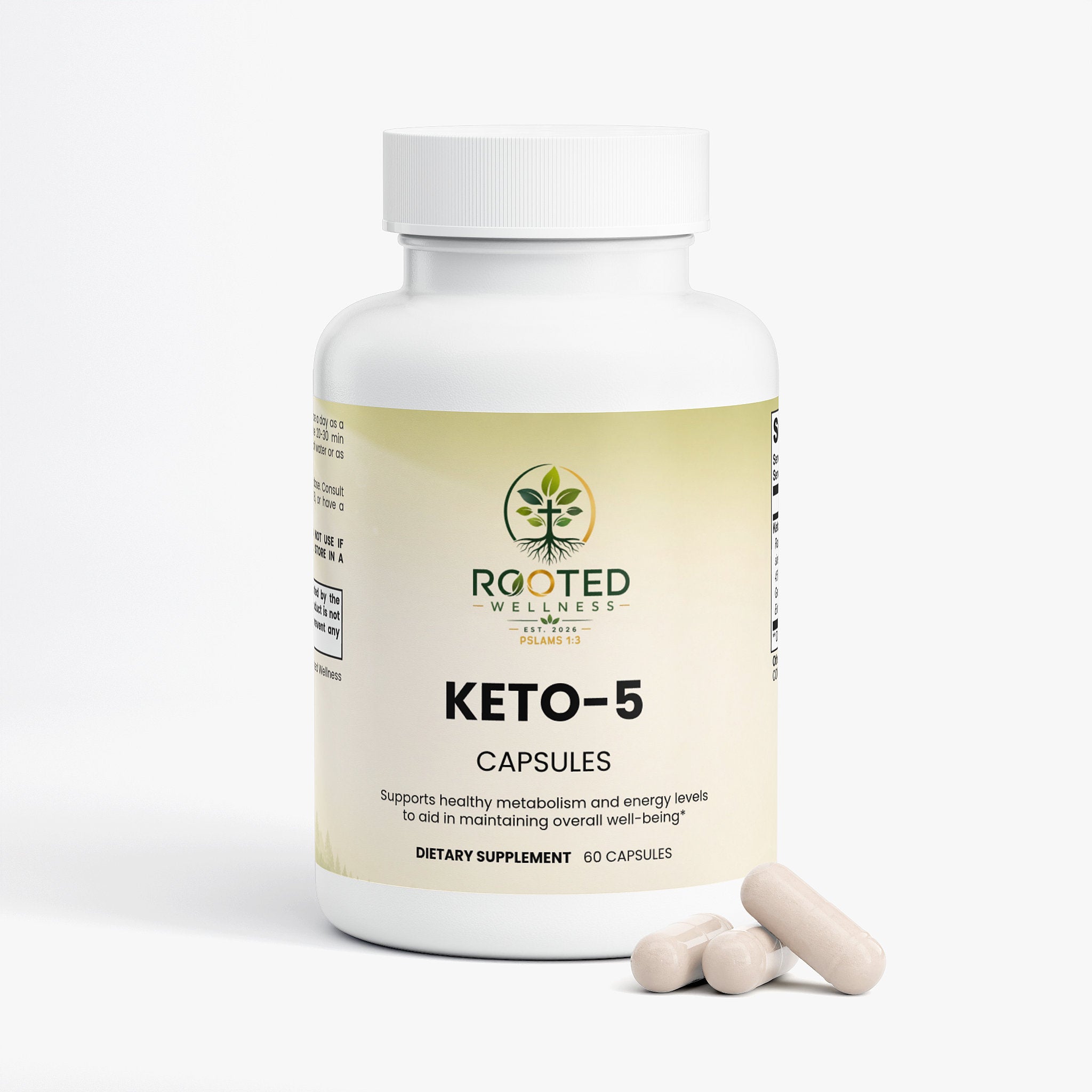 Keto-5 capsules — keto diet supplement exogenous ketones for fat burning, back label with supplement facts and ingredients