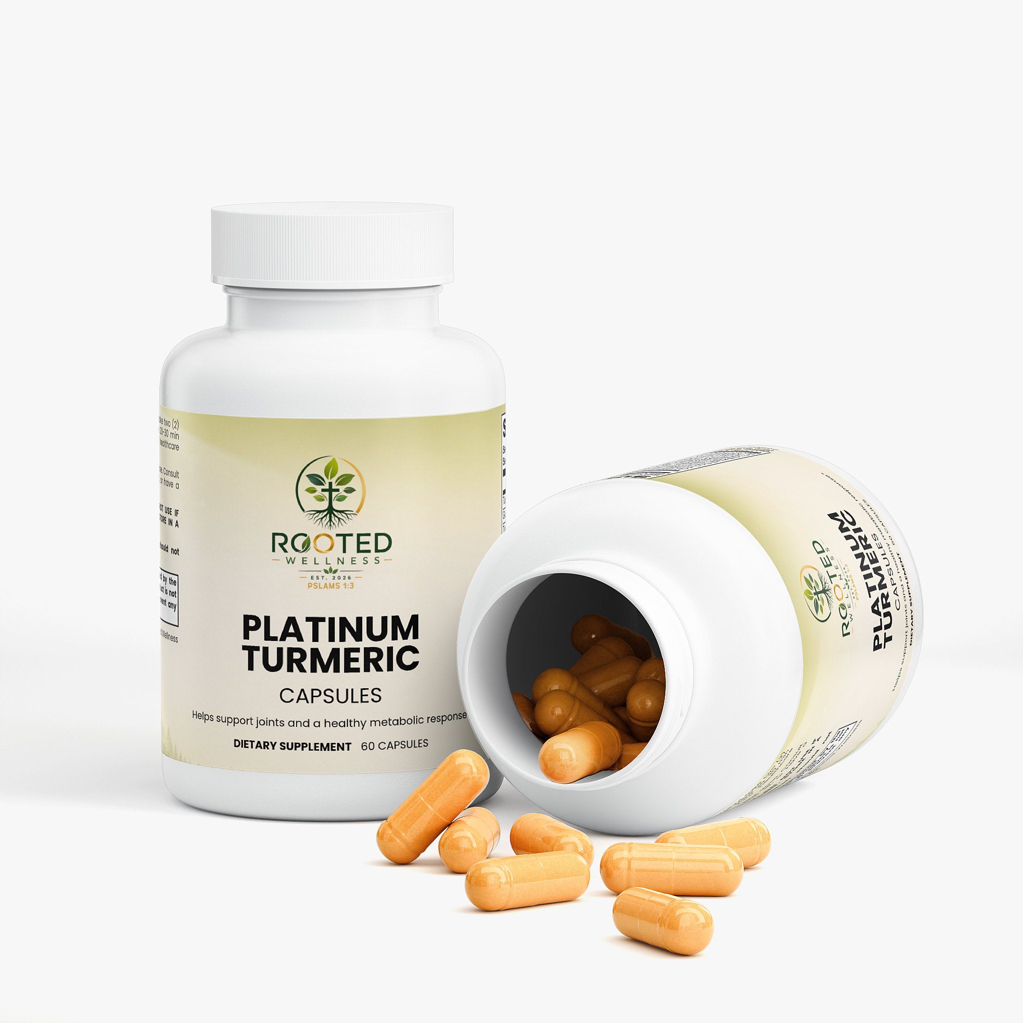 Platinum Turmeric capsules — turmeric curcumin capsules with black pepper for inflammation support, bottle angle view
