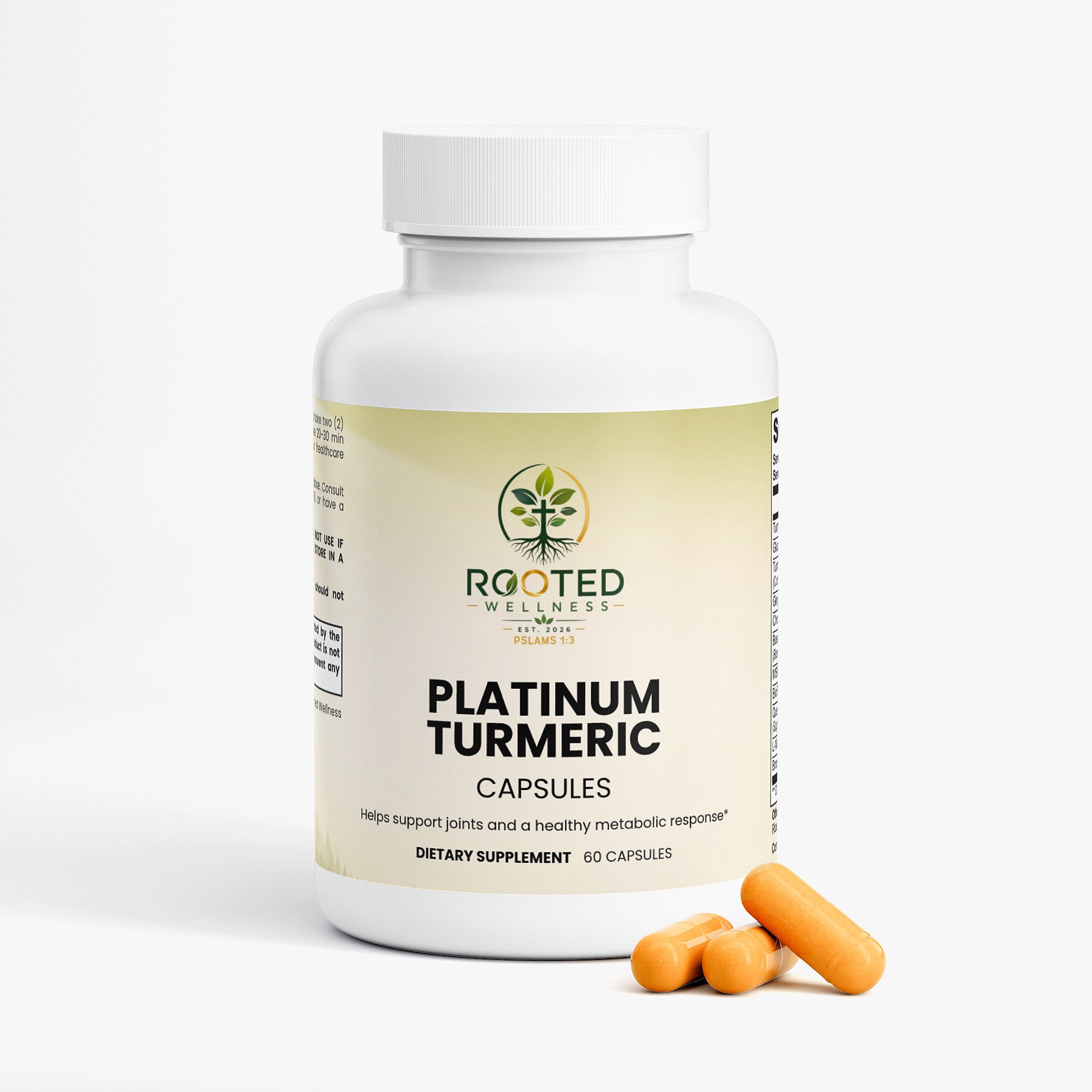 Platinum Turmeric capsules — turmeric curcumin capsules with black pepper for inflammation support, back label with supplement facts and ingredients