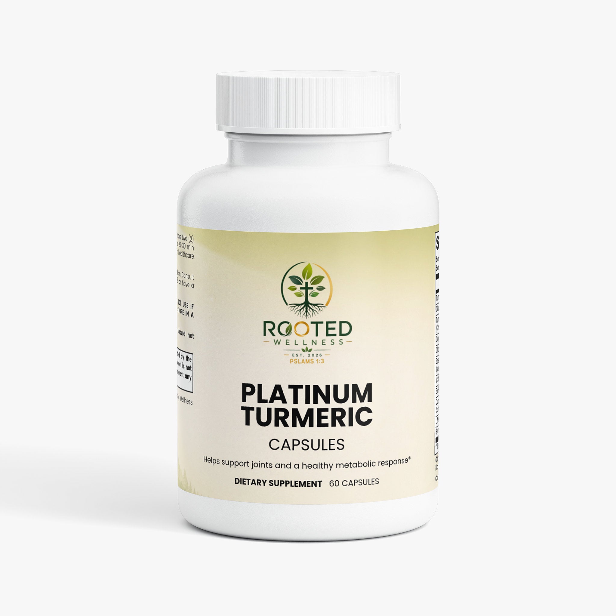 Platinum Turmeric capsules — turmeric curcumin capsules with black pepper for inflammation support, front of bottle label