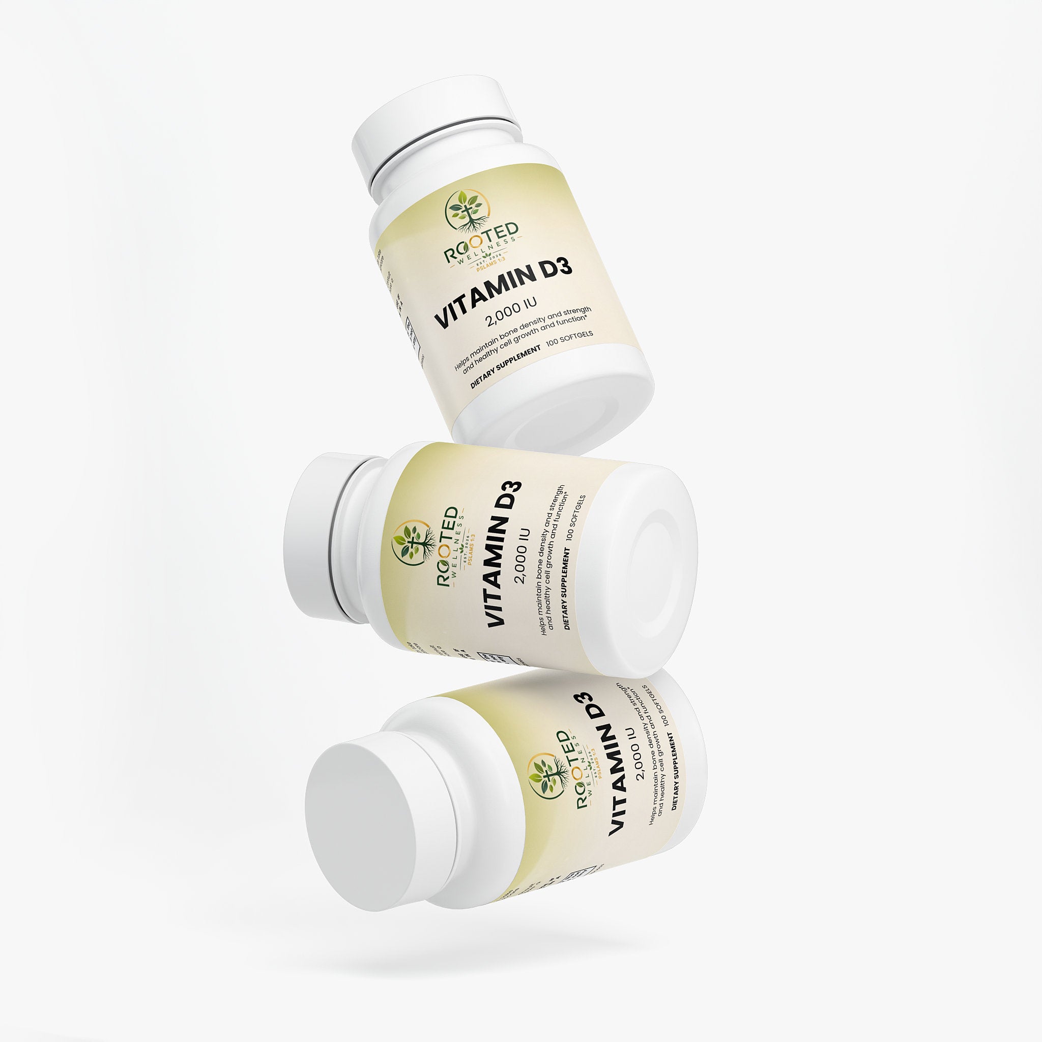 Vitamin D3 2000 IU softgel capsules — vitamin D3 2000 IU supplement for immune and bone health, bottle angle view