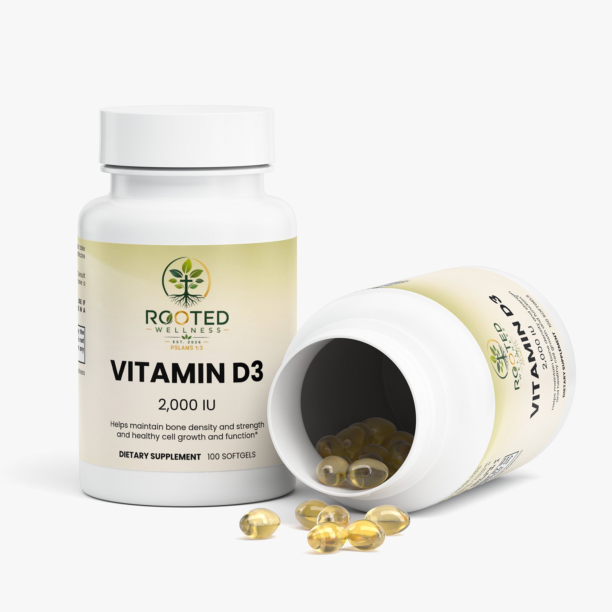 Vitamin D3 2000 IU softgel capsules — vitamin D3 2000 IU supplement for immune and bone health, bottle angle view