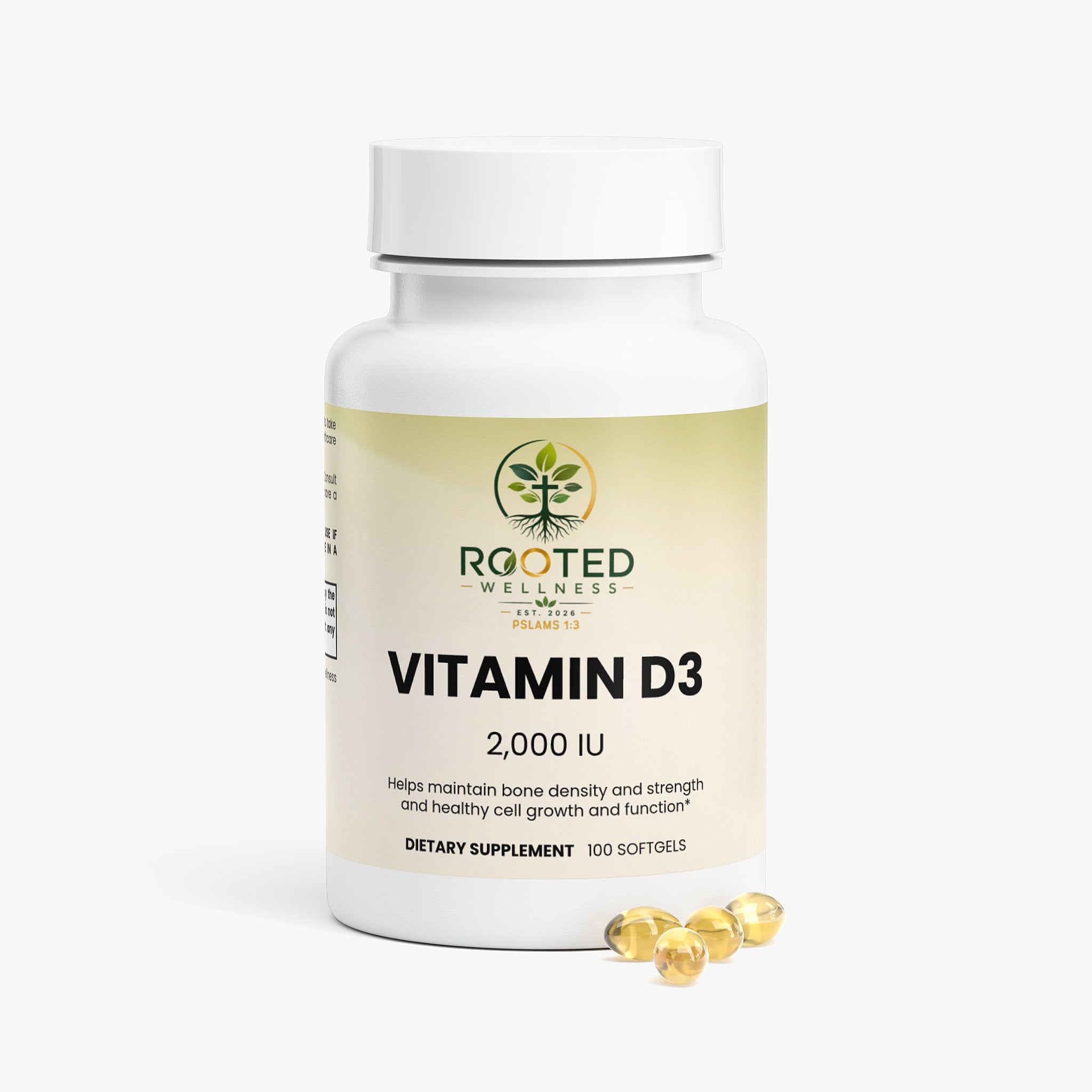 Vitamin D3 2000 IU softgel capsules — vitamin D3 2000 IU supplement for immune and bone health, back label with supplement facts and ingredients