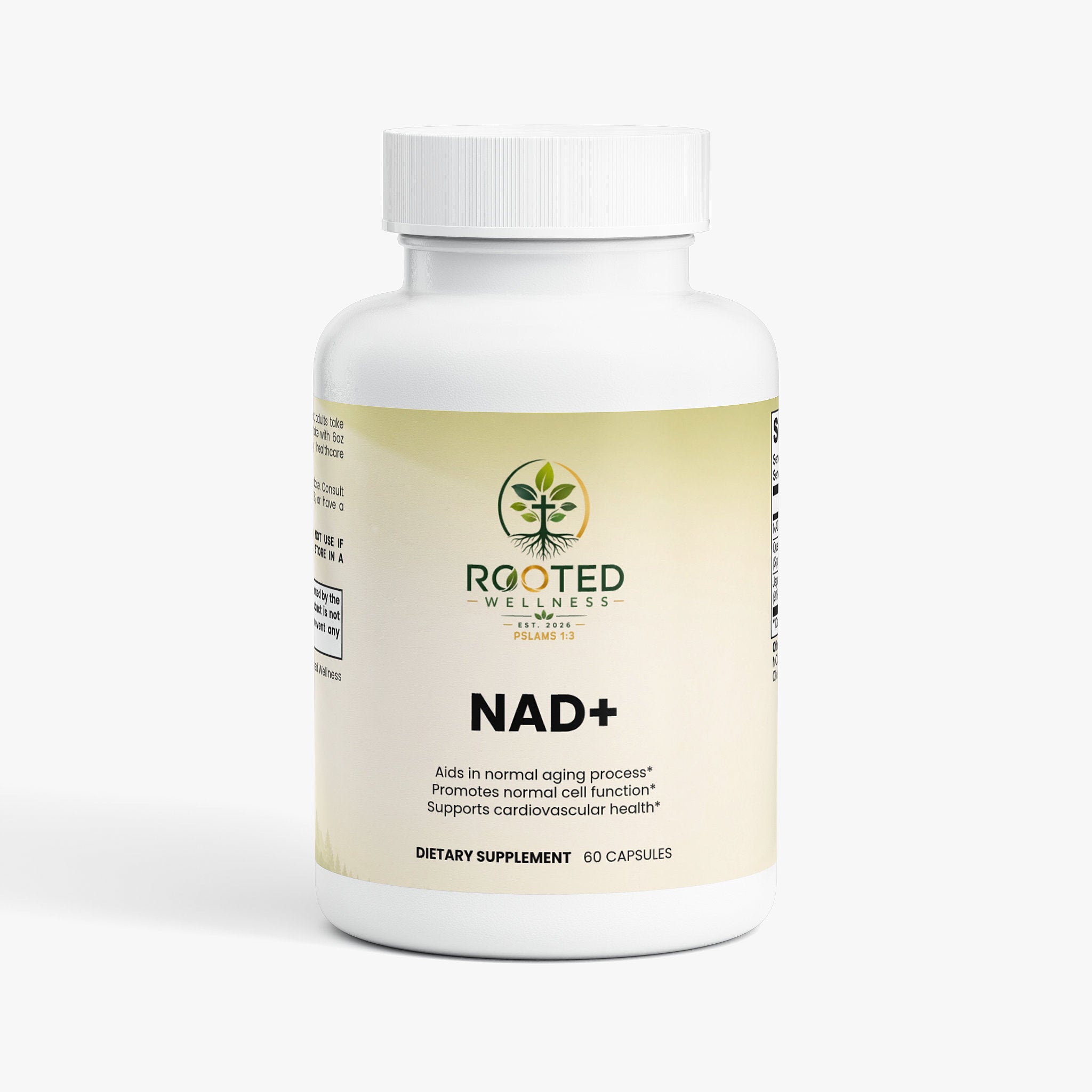 NAD+ capsules — NAD+ supplement capsules for anti-aging and cellular energy, front of bottle label