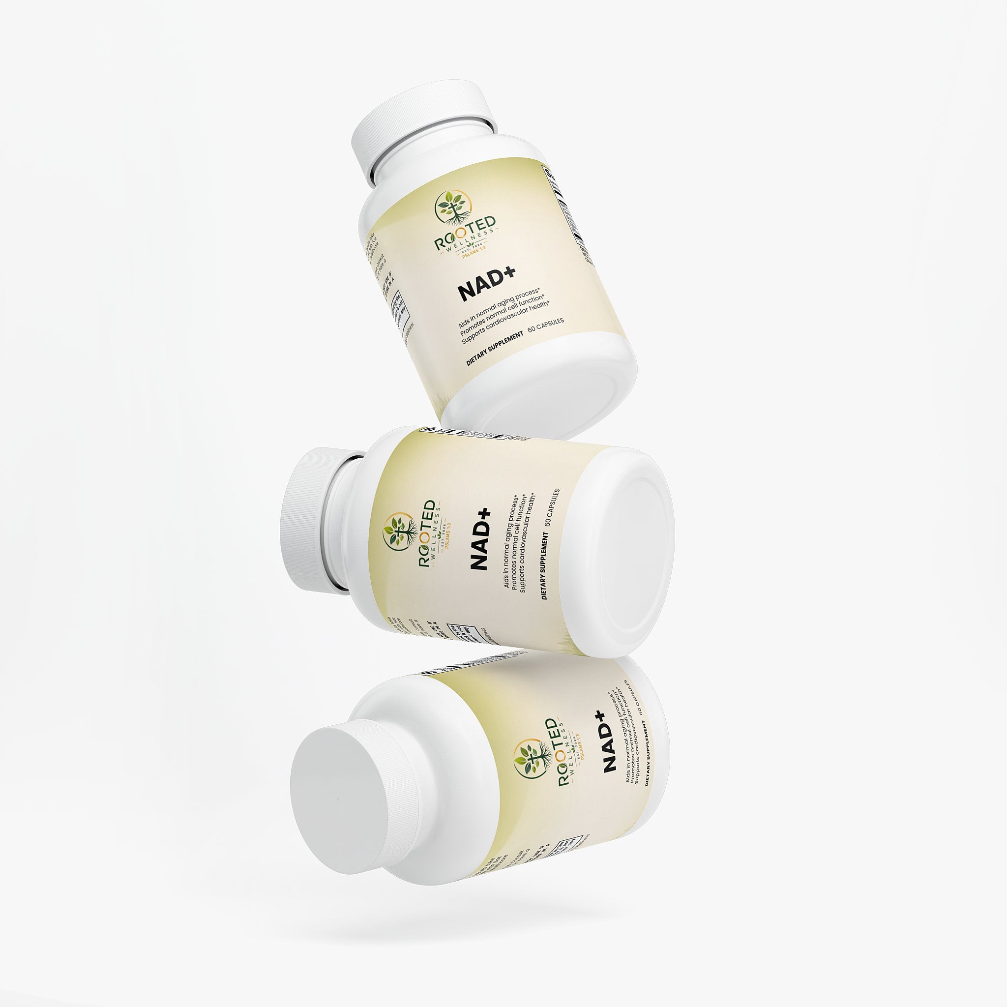 NAD+ capsules — NAD+ supplement capsules for anti-aging and cellular energy, bottle angle view