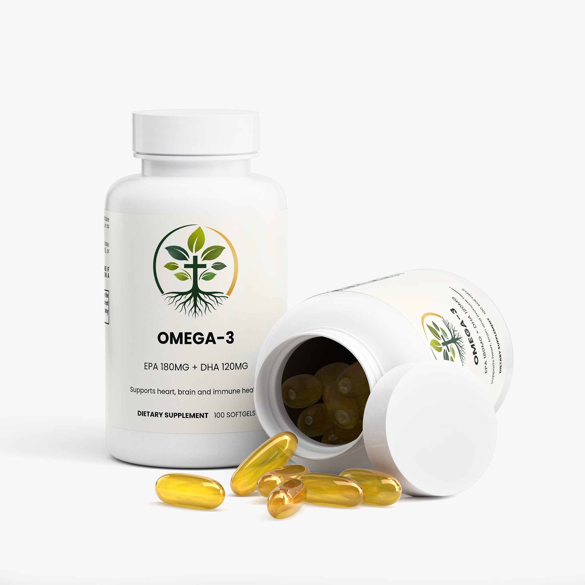 Omega-3 EPA DHA softgel capsules — omega-3 fish oil softgel capsules EPA 180mg DHA 120mg for heart and brain health, packaging angle view