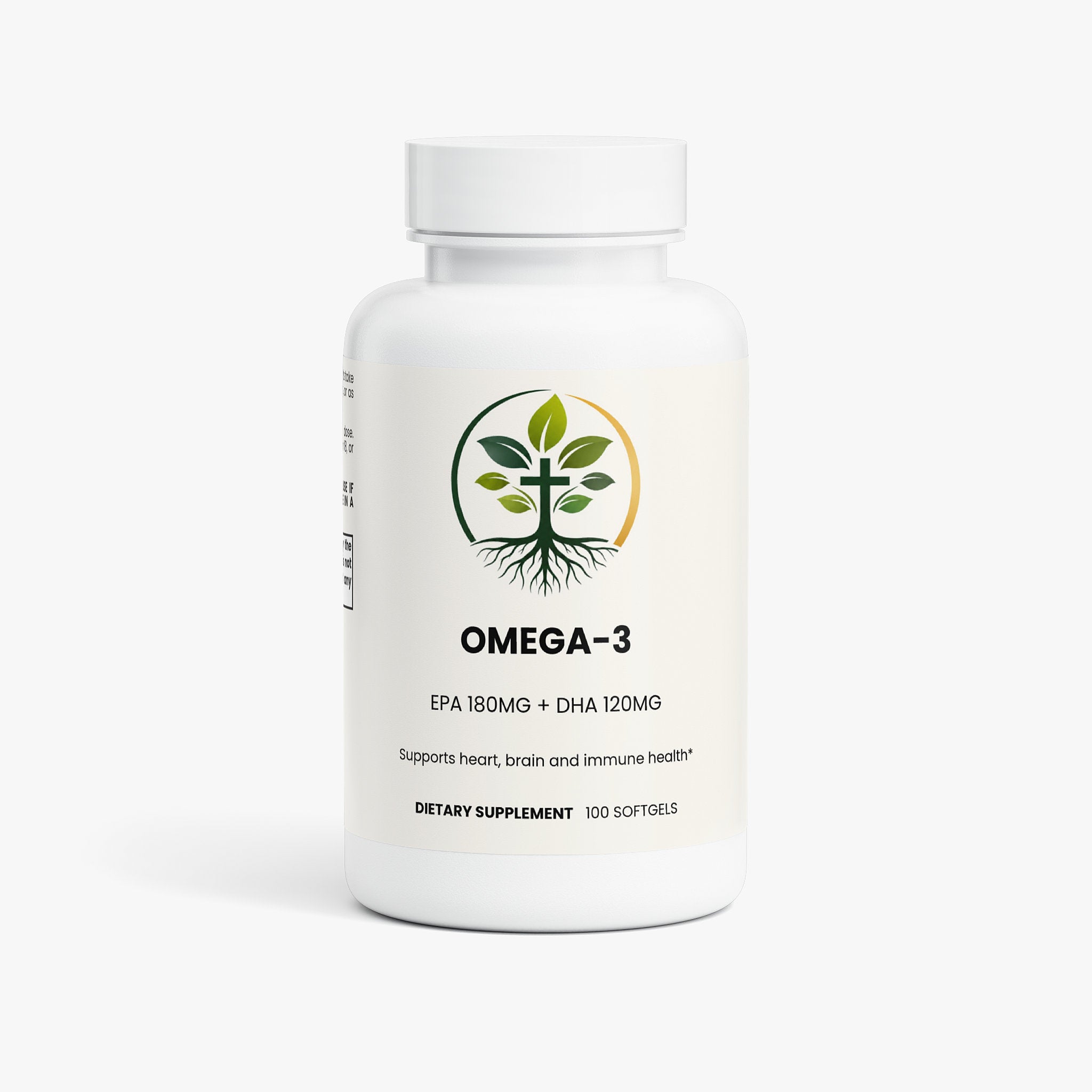 Omega-3 EPA DHA softgel capsules — omega-3 fish oil softgel capsules EPA 180mg DHA 120mg for heart and brain health, front of packaging label