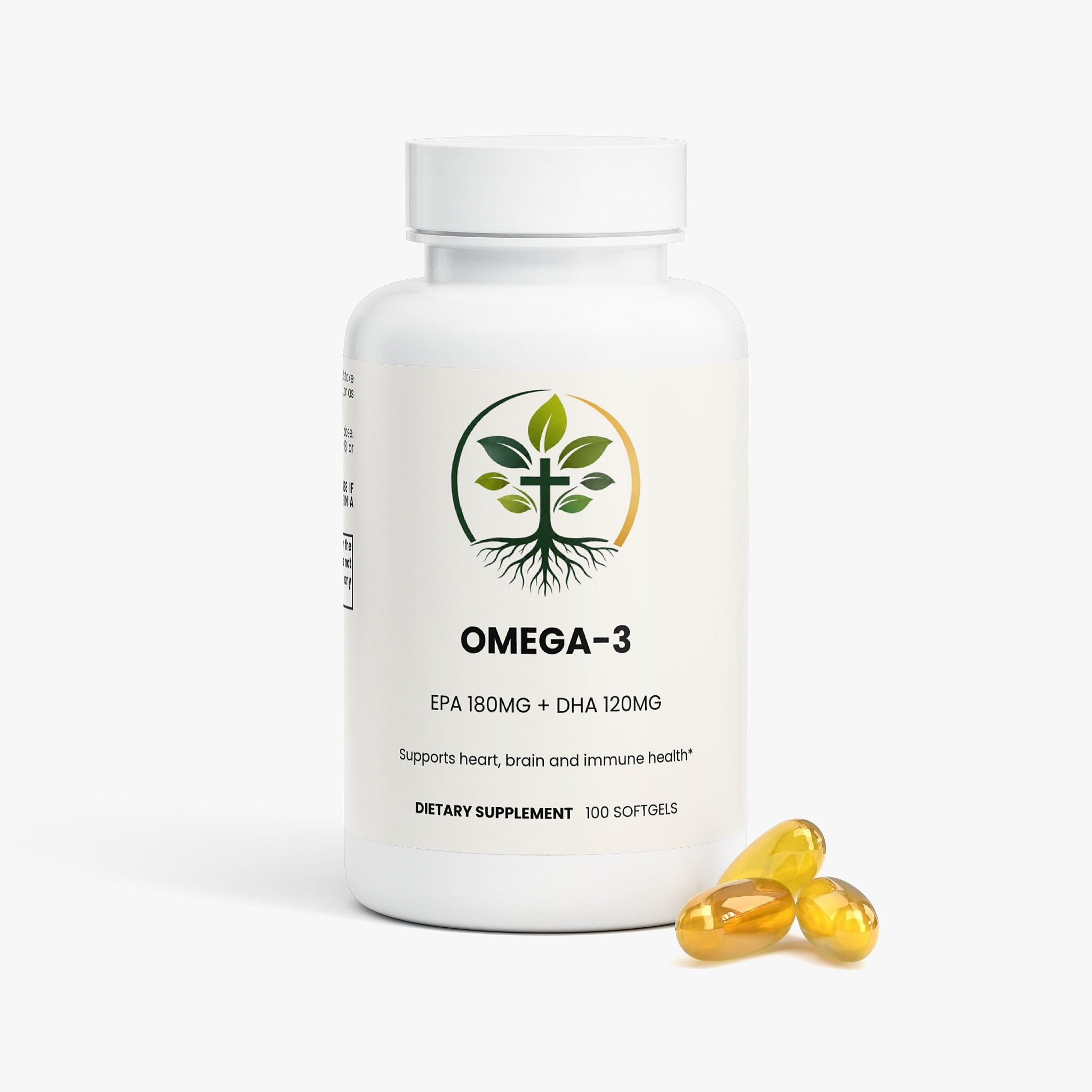 Omega-3 EPA DHA softgel capsules — omega-3 fish oil softgel capsules EPA 180mg DHA 120mg for heart and brain health, back label with supplement facts and ingredients