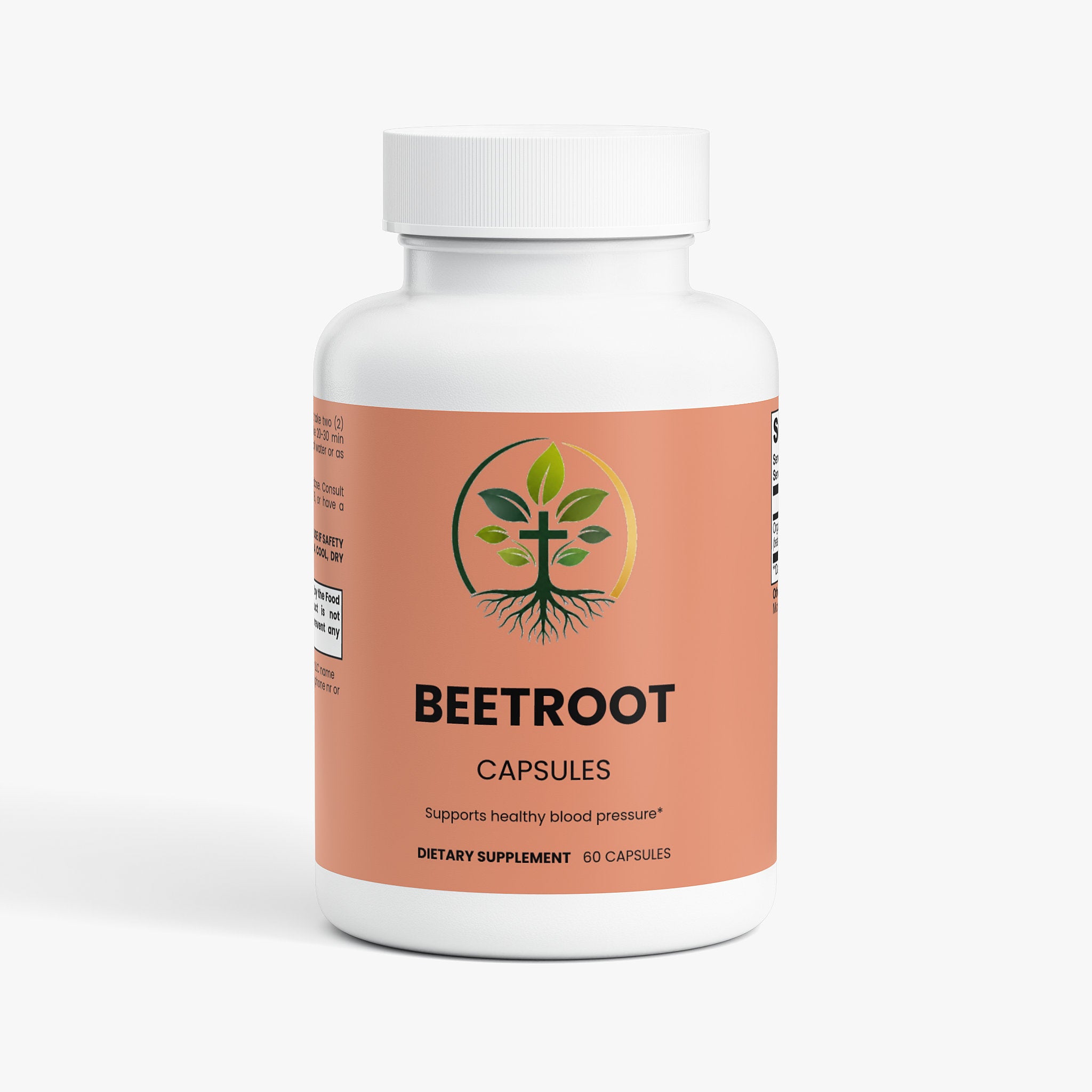 Beetroot capsules — beetroot powder capsules for blood pressure and nitric oxide support, front of bottle label