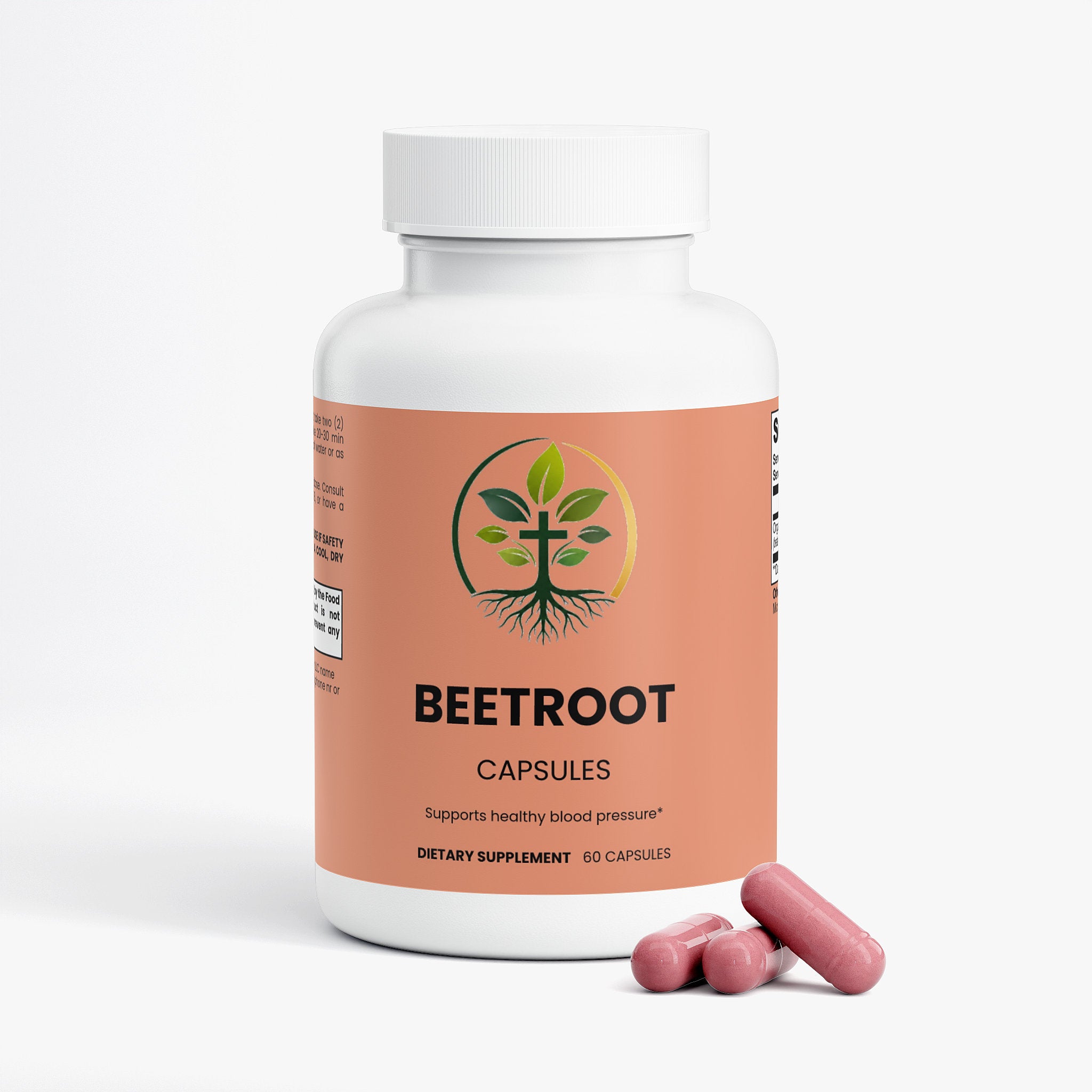 Beetroot capsules — beetroot powder capsules for blood pressure and nitric oxide support, back label with supplement facts and ingredients