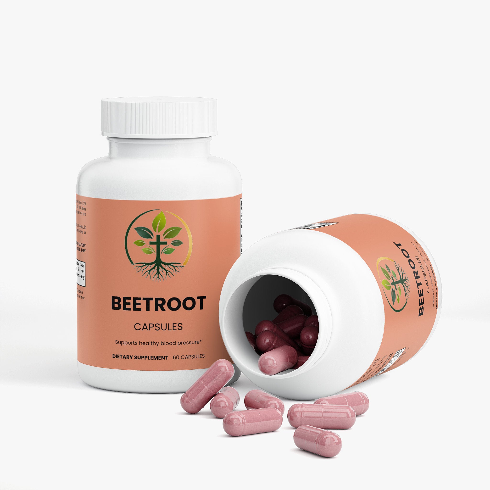 Beetroot capsules — beetroot powder capsules for blood pressure and nitric oxide support, bottle angle view