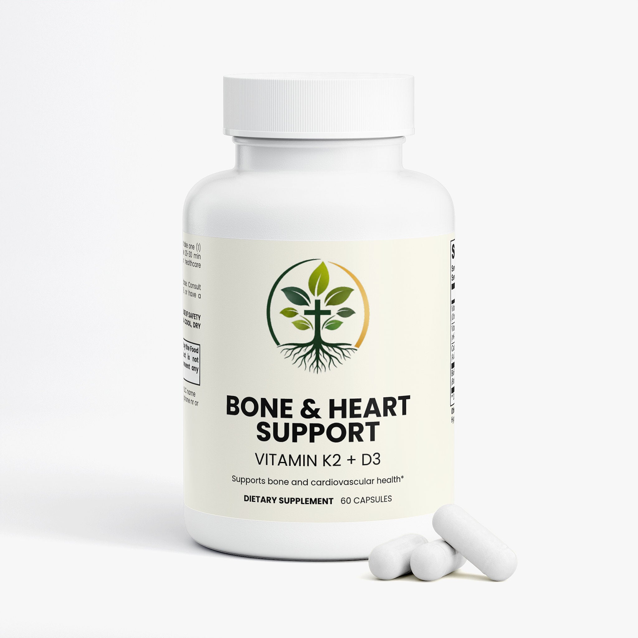 Bone and Heart Support capsules — bone and heart support supplement with calcium magnesium and vitamin K2, back label with supplement facts and ingredients