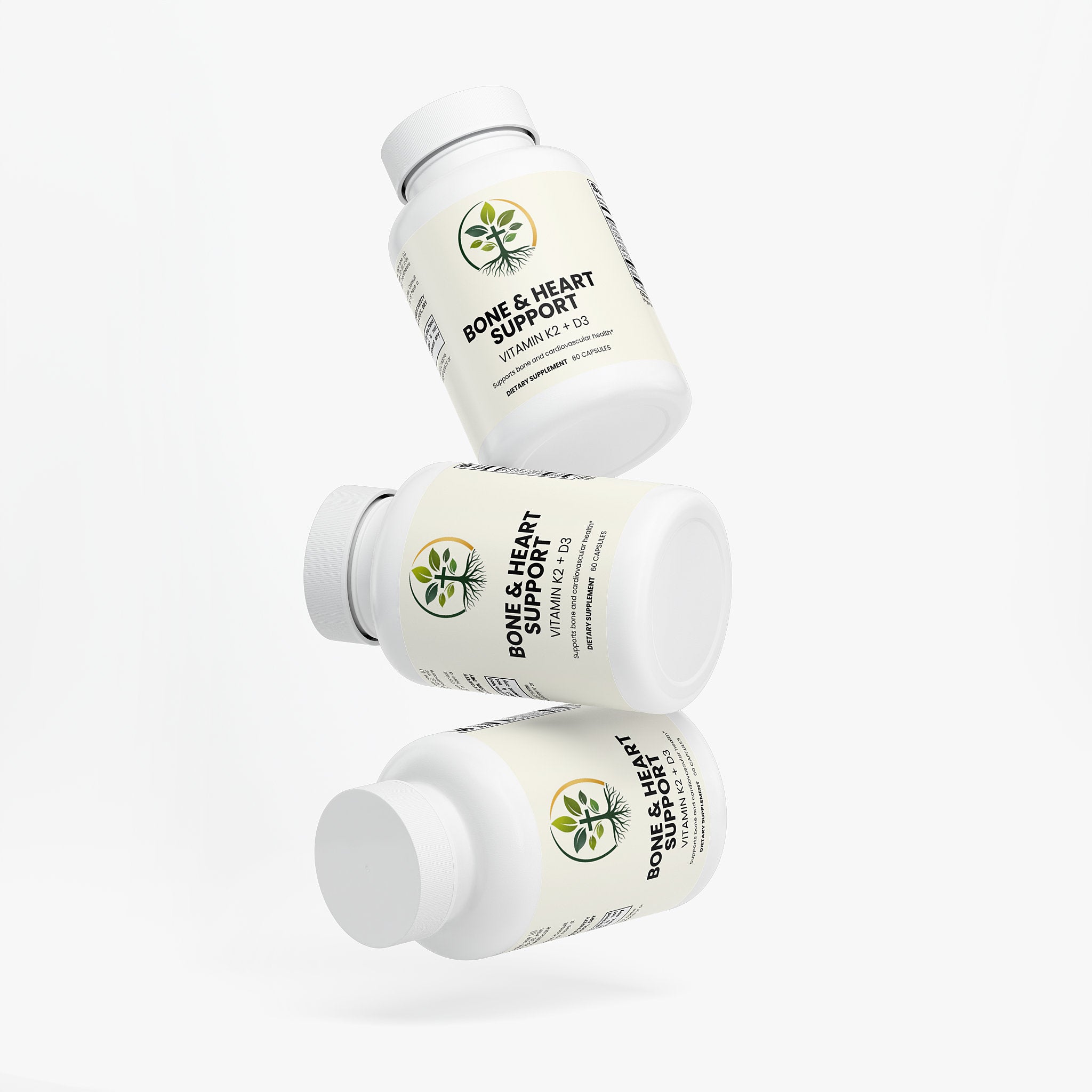 Bone and Heart Support capsules — bone and heart support supplement with calcium magnesium and vitamin K2, bottle angle view