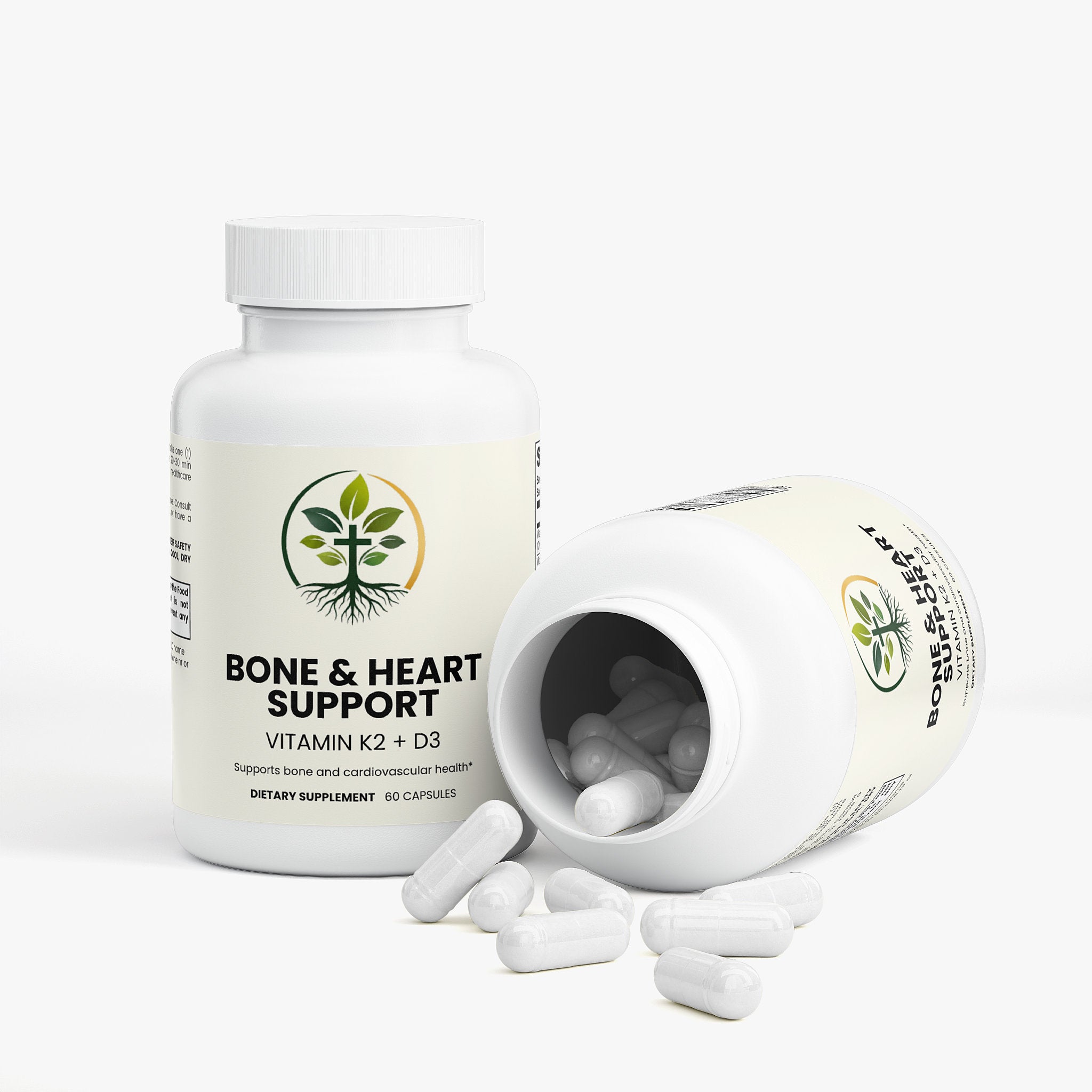 Bone and Heart Support capsules — bone and heart support supplement with calcium magnesium and vitamin K2, bottle angle view