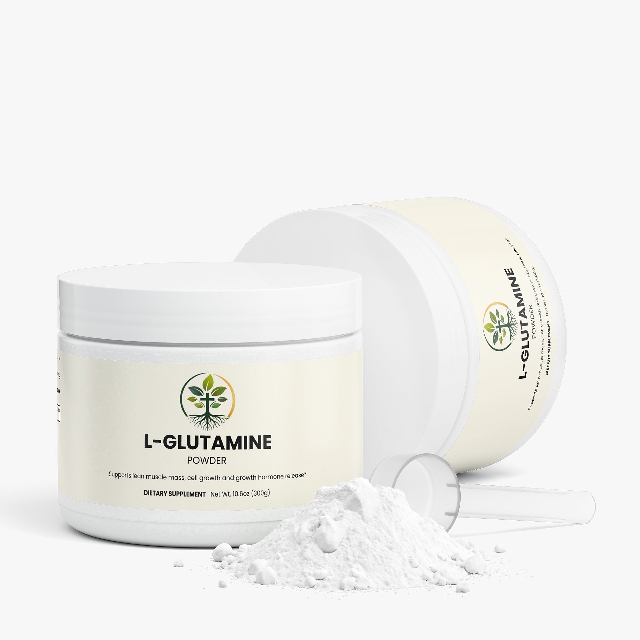 L-Glutamine capsules — L-glutamine supplement capsules for gut health and muscle recovery, bottle angle view