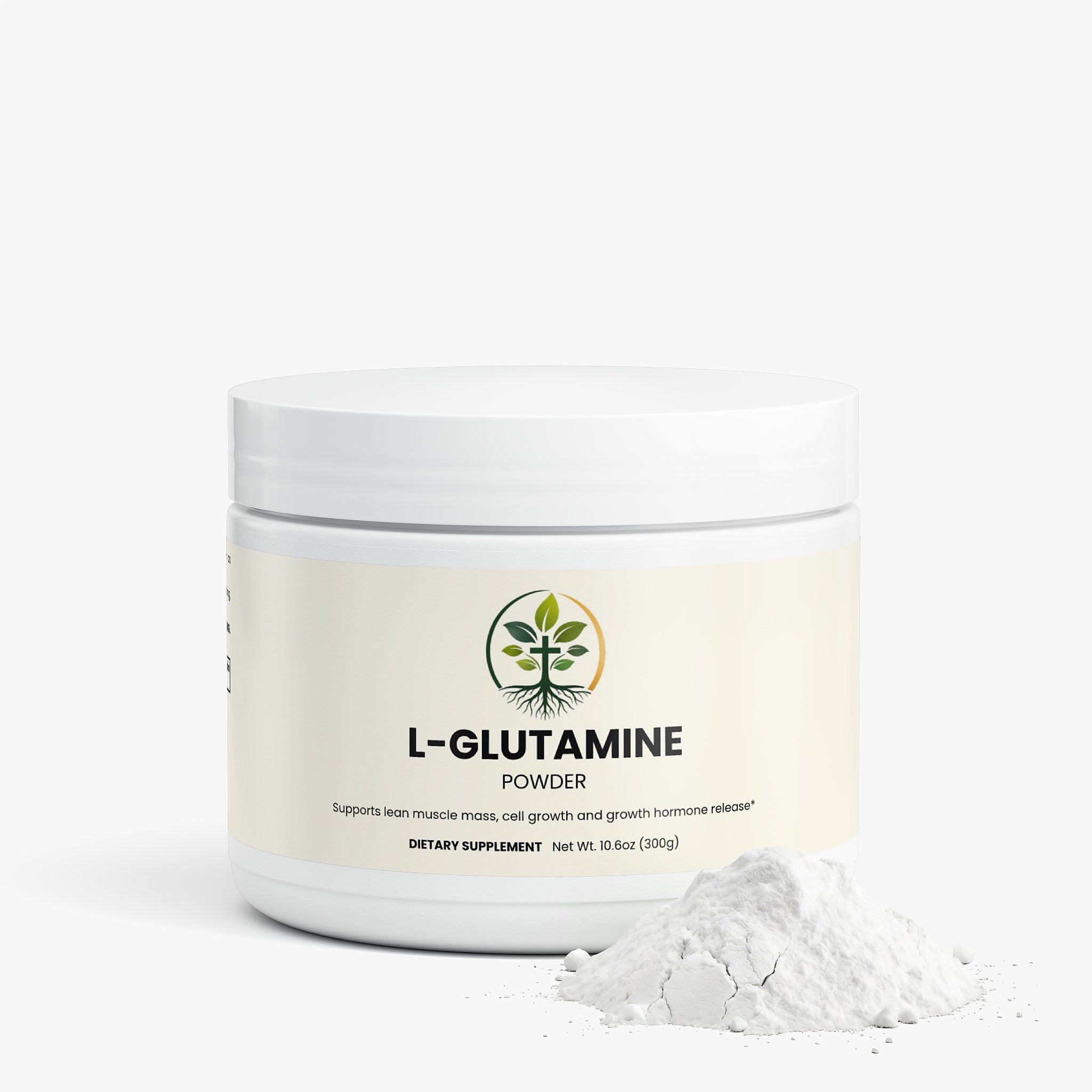 L-Glutamine capsules — L-glutamine supplement capsules for gut health and muscle recovery, back label with supplement facts and ingredients