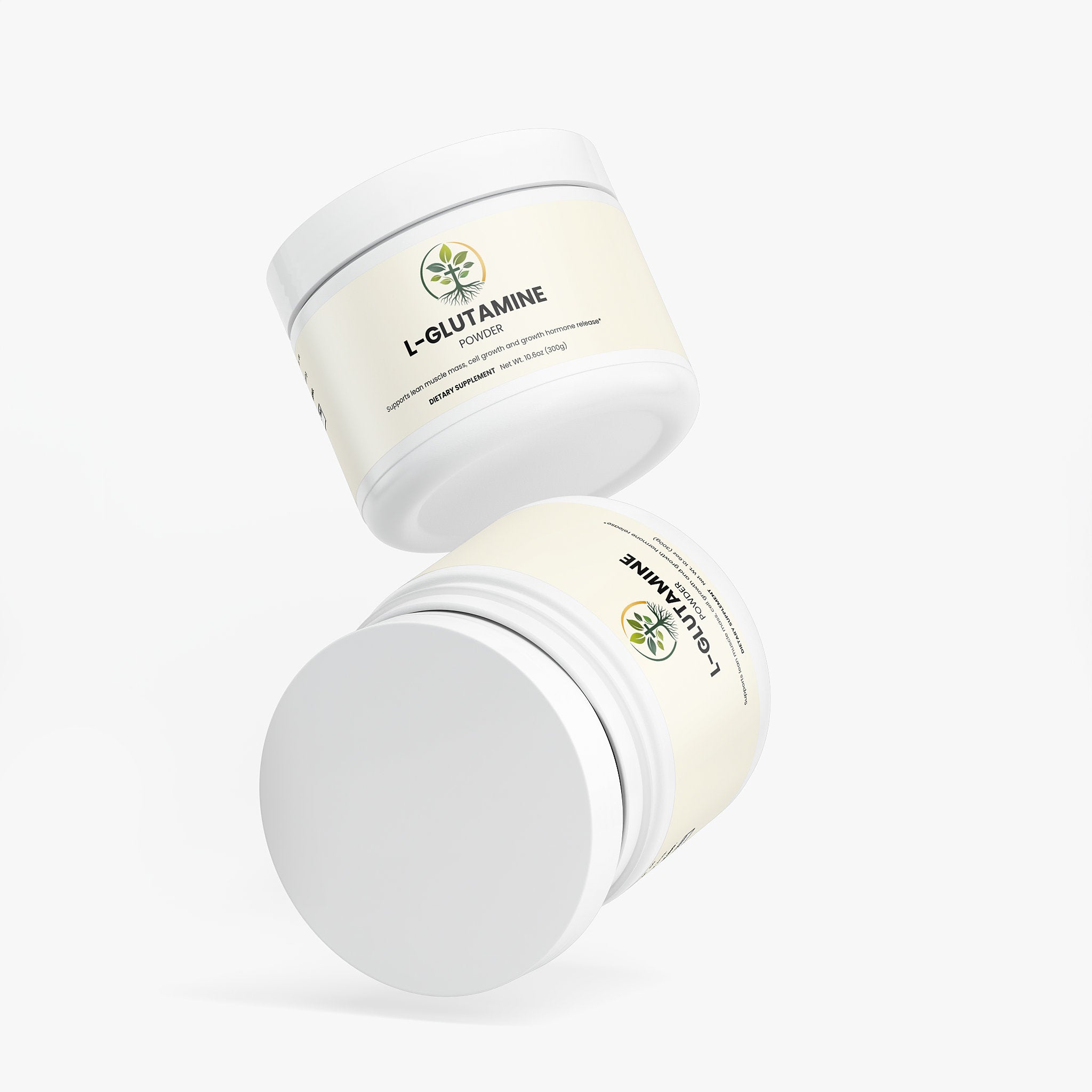 L-Glutamine capsules — L-glutamine supplement capsules for gut health and muscle recovery, bottle angle view